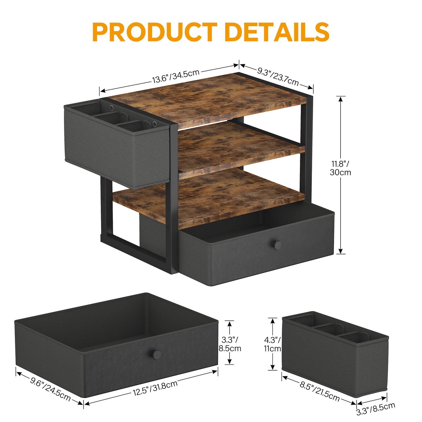 Desk Organizers and Accessories, 4-Tier Paper Letter Tray File Organizer with Fabric Drawer & 3 Pen Holder, Office Desk Accessories Workspace Desktop Organizer for Office Supplies, Rustic Brown