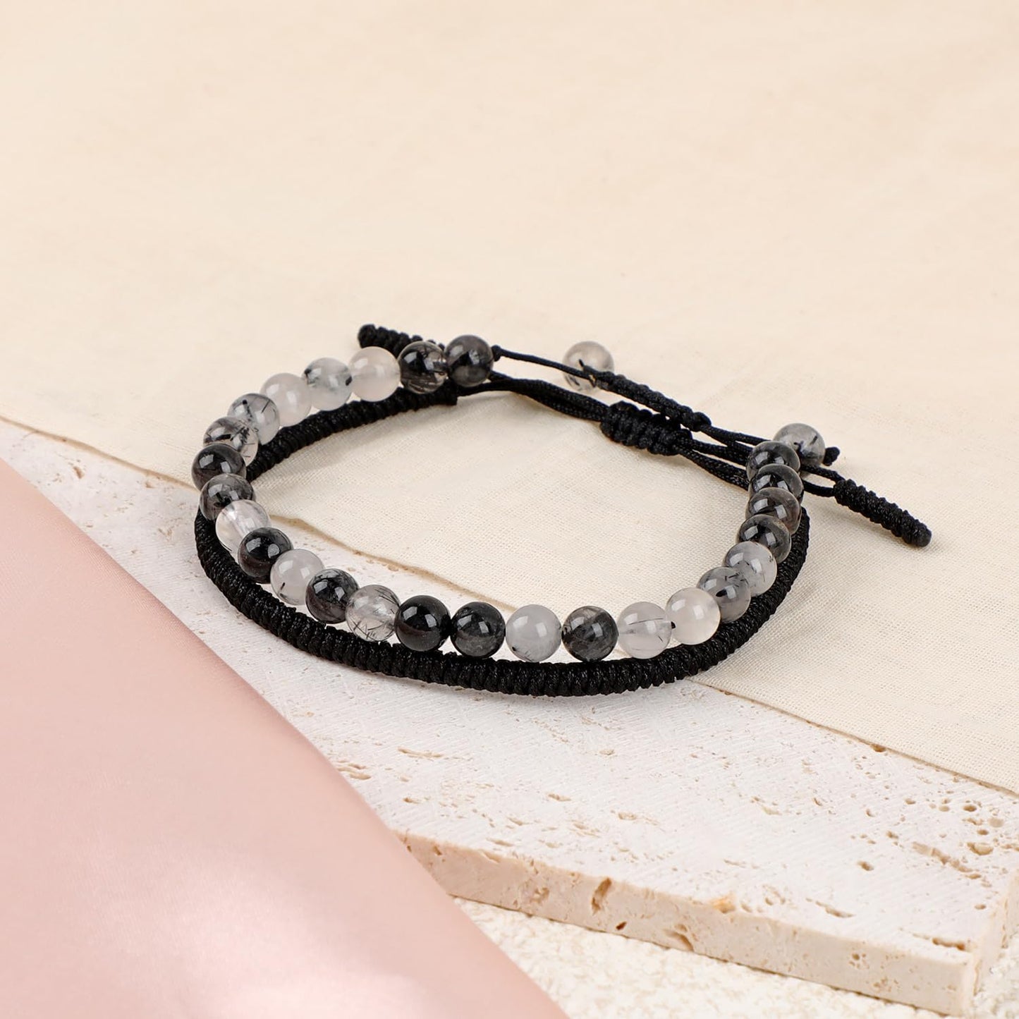 LPBeads 6mm Black Rutilated Bracelet with Handmade Rope Bracelet Size Adjustable Natural Stone Crystal Healing Bracelets Gifts for Unisex Adults