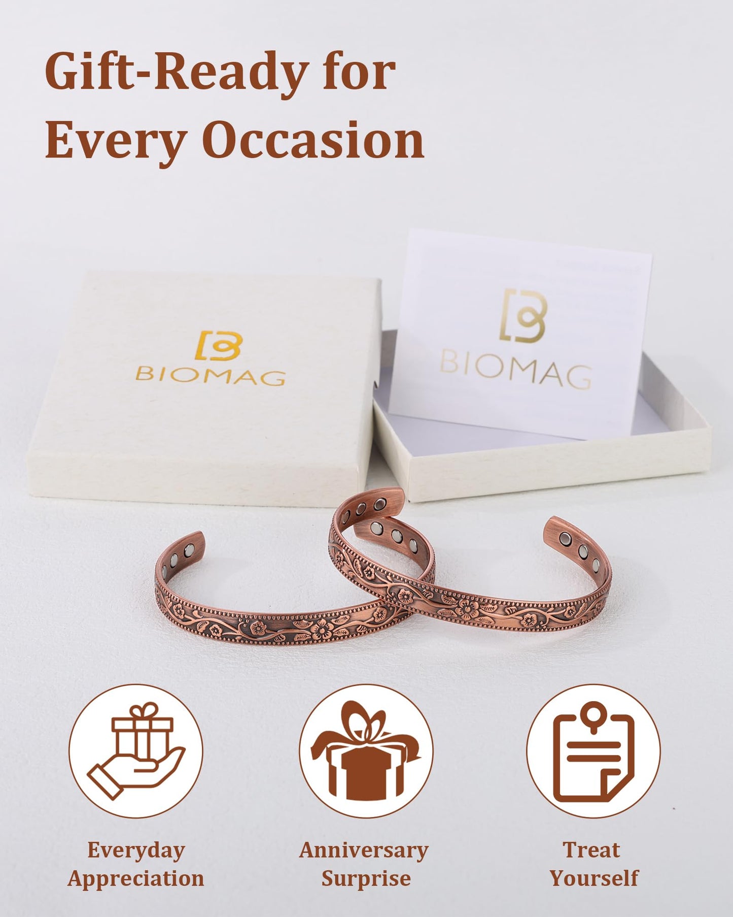BioMag Copper Bracelet & Ring for Women, 99.99% Pure Copper Magnetic Bracelet Lymphatic Drainage Rings with 3500 Gauss Magnets, Adjustable & Flower Pattern (Copper-C-2PCS)