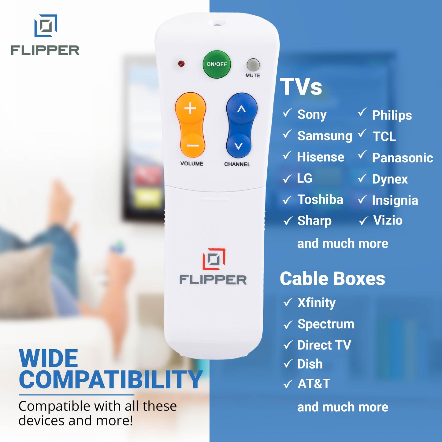 Flipper Big Button Universal TV Remote for Seniors, Dementia - Works Both TV Only or TV & Cable (STB) Set Up - Favorites, IR Devices Spectrum, Xfinity, Samsung, Vizio, LG [Does not Work Streaming]