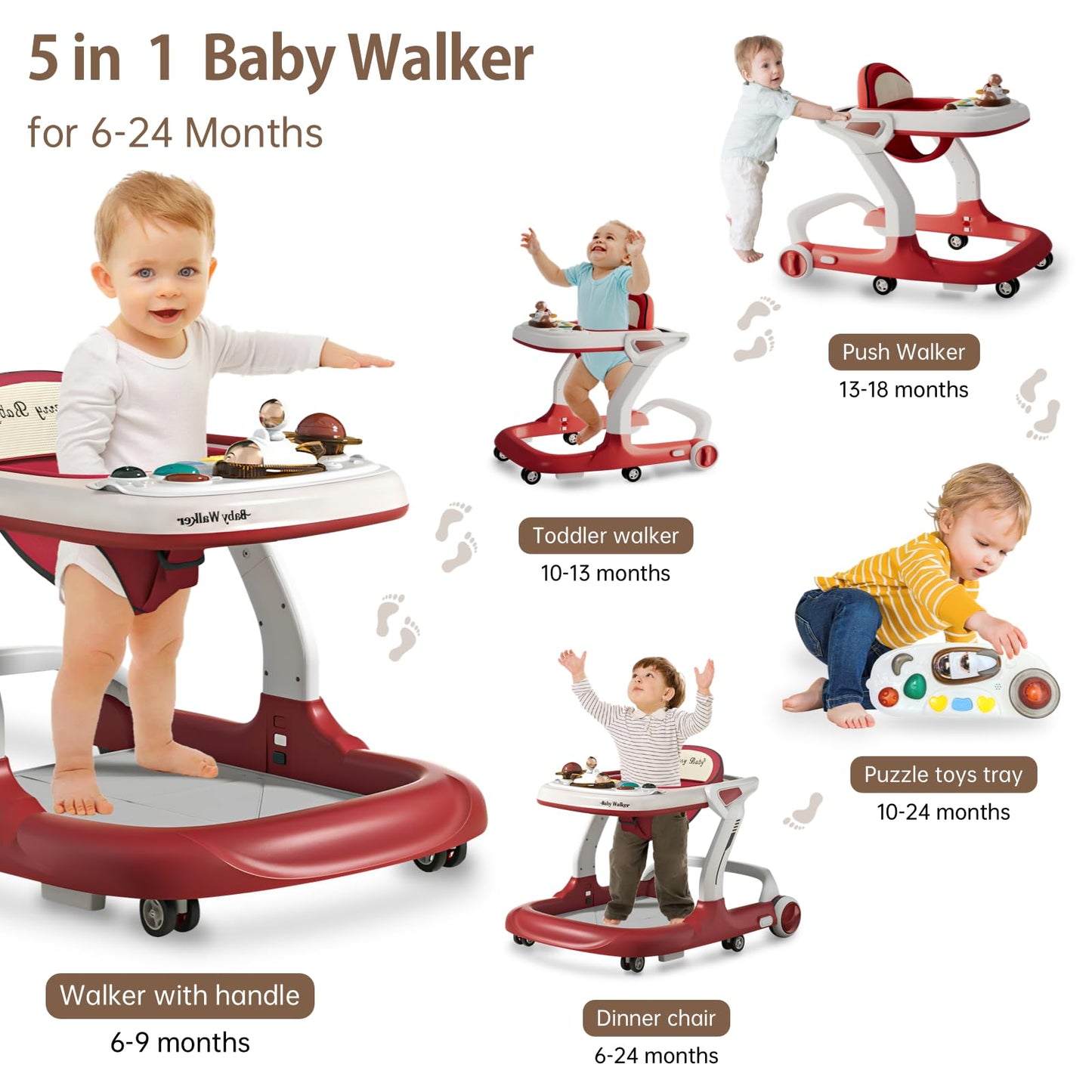 Baby Walker with Wheels Music and Lights with 9 Adjustable Heights Anti-Fall Baby Walker and Bouncer Combo for Boys Girls Babies 6-18 Months (Red and White)