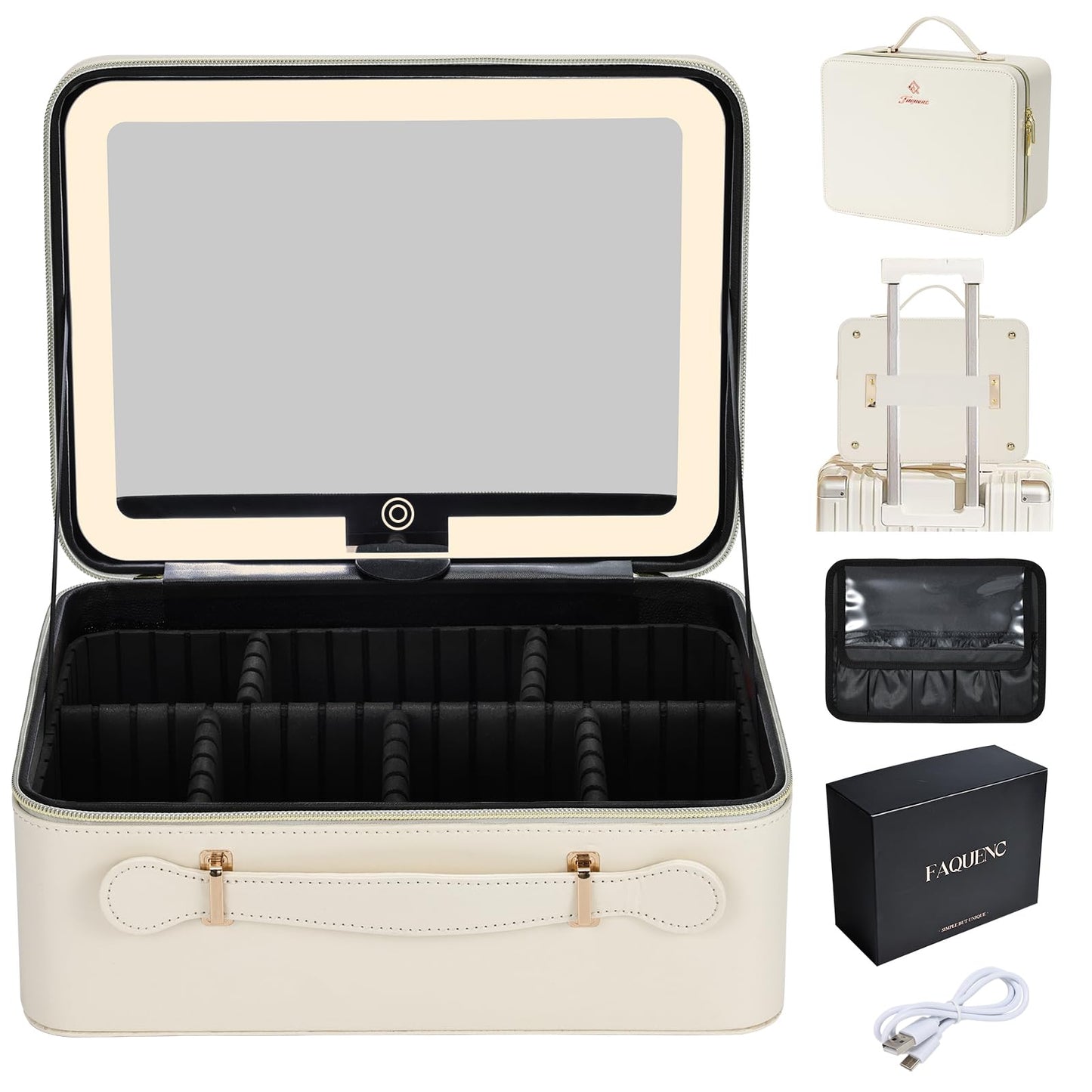 Faquenc Leather Makeup Case with LED Lighted Mirror 11.4 Inch Travel Makeup Bag Adjustable Brightness in 3 Colors Cosmetic Organizer Artist Storage Bag with Dividers Brush Holder Bag Vanity White