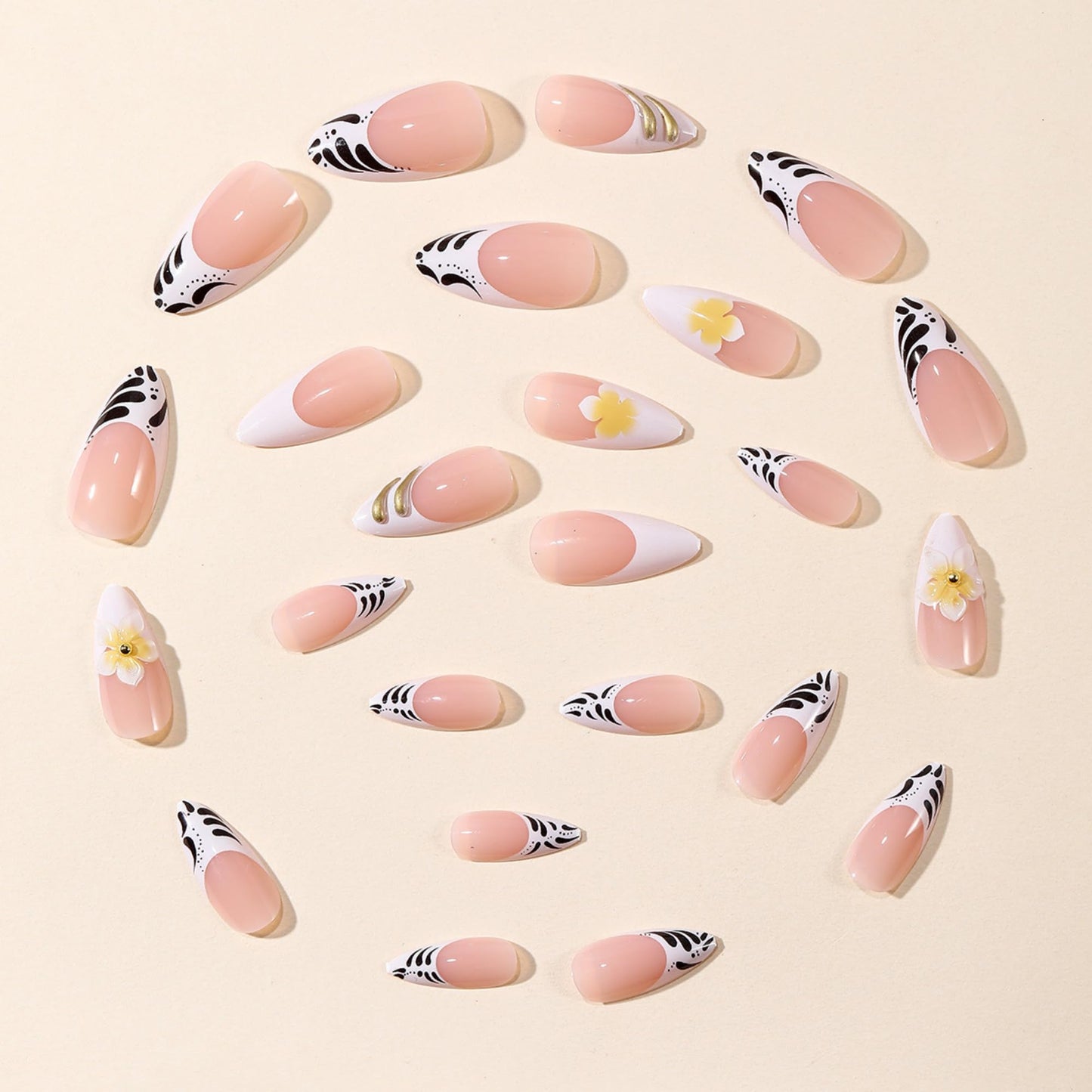 octoswave Press on Nails Long Almond Fake Nails French Artificial Nail with Flowers Stick on Nail for Women 24pcs