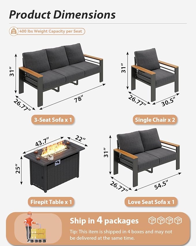Aoxun Aluminum Outdoor Patio Furniture Set, 8-piece Outdoor Sectional with 44'' Propane Gas Firepit Table, Patio Conversation Sets with Upgraded Armrests and Cushions for Backyard, Garden and Poolside