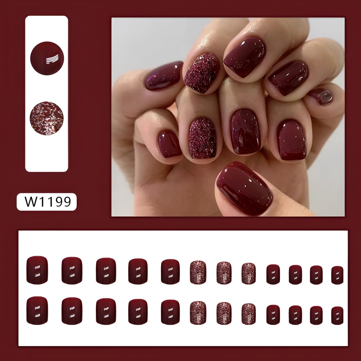 Square Press on Nails Short Red Fake Nails with Glitter Design Coffin Glossy False Nails Acrylic Nails Full Cover Stick on Nails Glue on Nails for Women