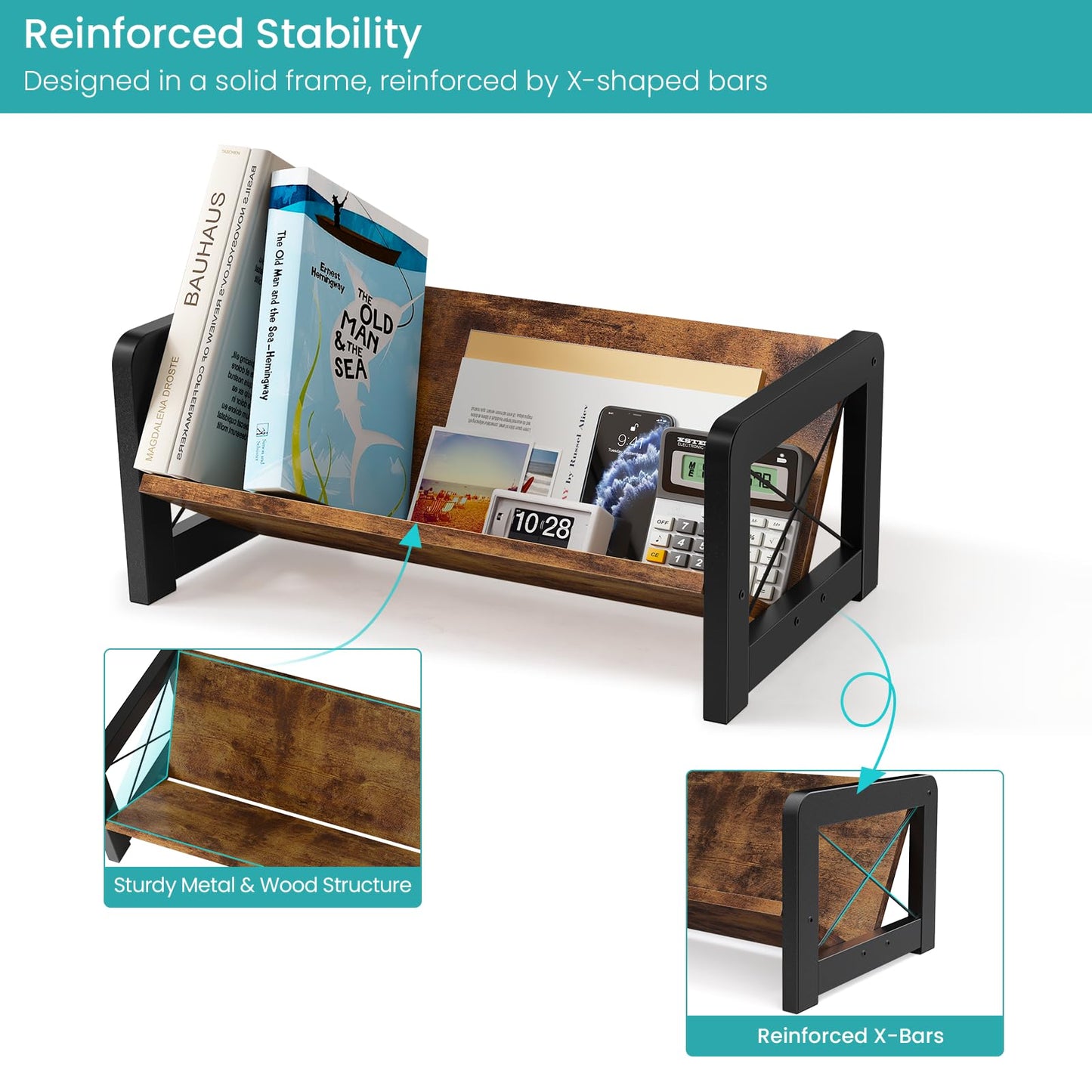 ELITEROO Desktop Bookshelf Organizer, Wood Slanted Desk Bookshelf, Small Tabletop Book Rack, Portable Mini Bookcase for Book Display, Cookbooks, Kids Reading, Office & Home Storage, Rustic Brown