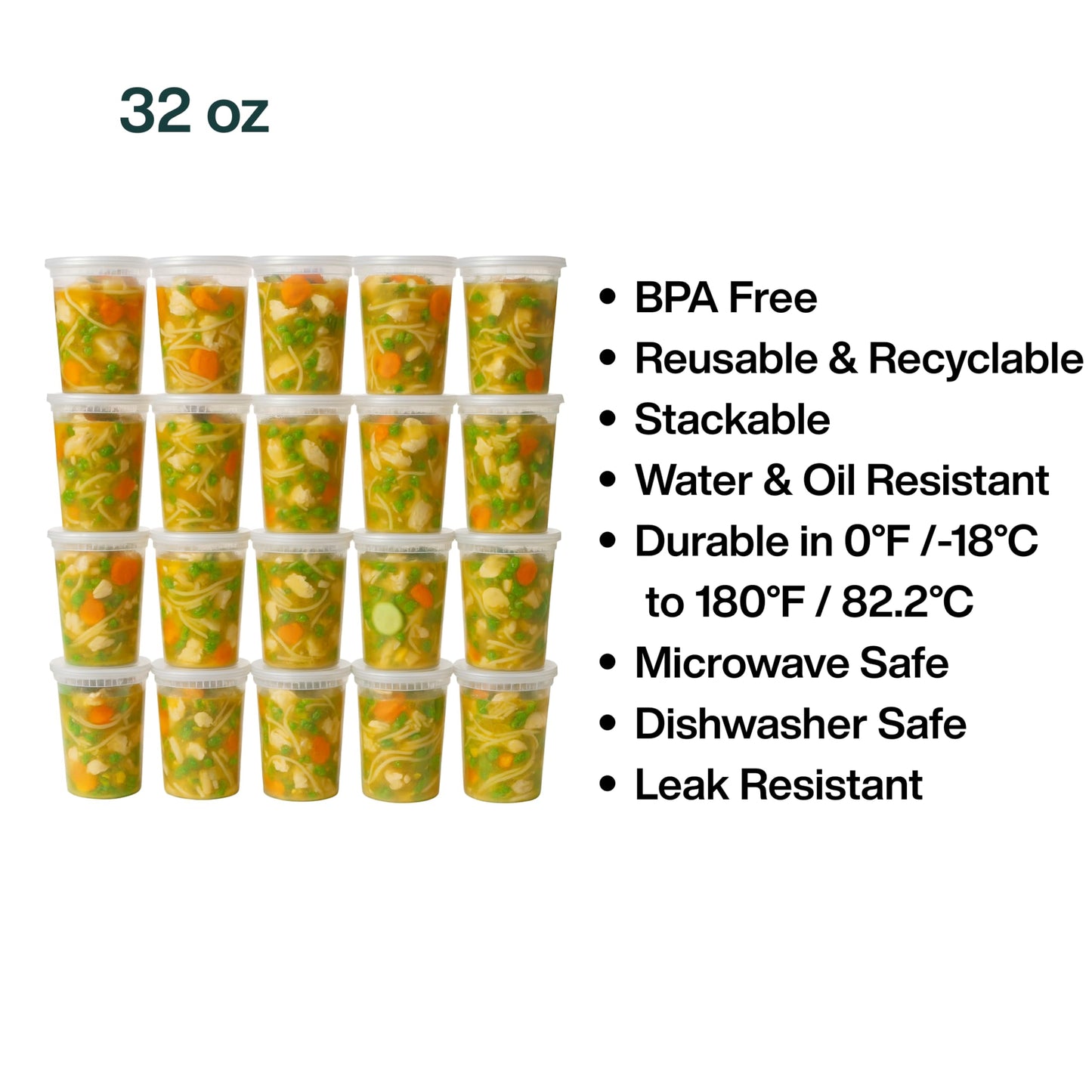ProTakeOut 32oz [40 set] Heavy Duty Plastic Deli Container | BPA-Free Food Storage with Airtight Leak‑Proof Lids | Microwave, Freezer & Dishwasher Safe – Stackable, Bulk Reusable Soup & Meal Prep Tub