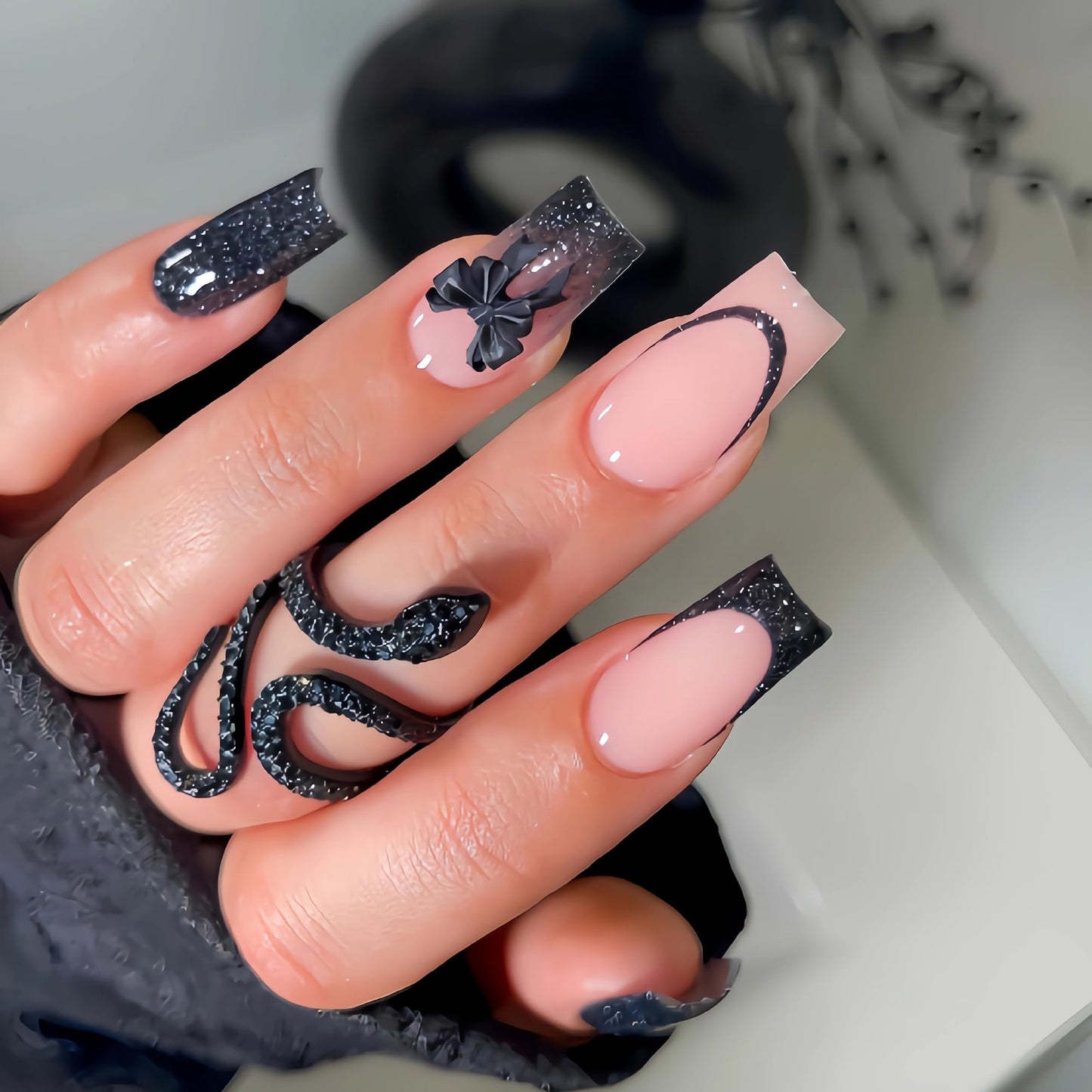 BABALAL Press On Nails, Long Square Fake Nails, Black French Tip, Bow Charm & Glitter Design, Gothic Trendy Glossy Full Cover Glue On Nails For Women And Girl 24Pcs