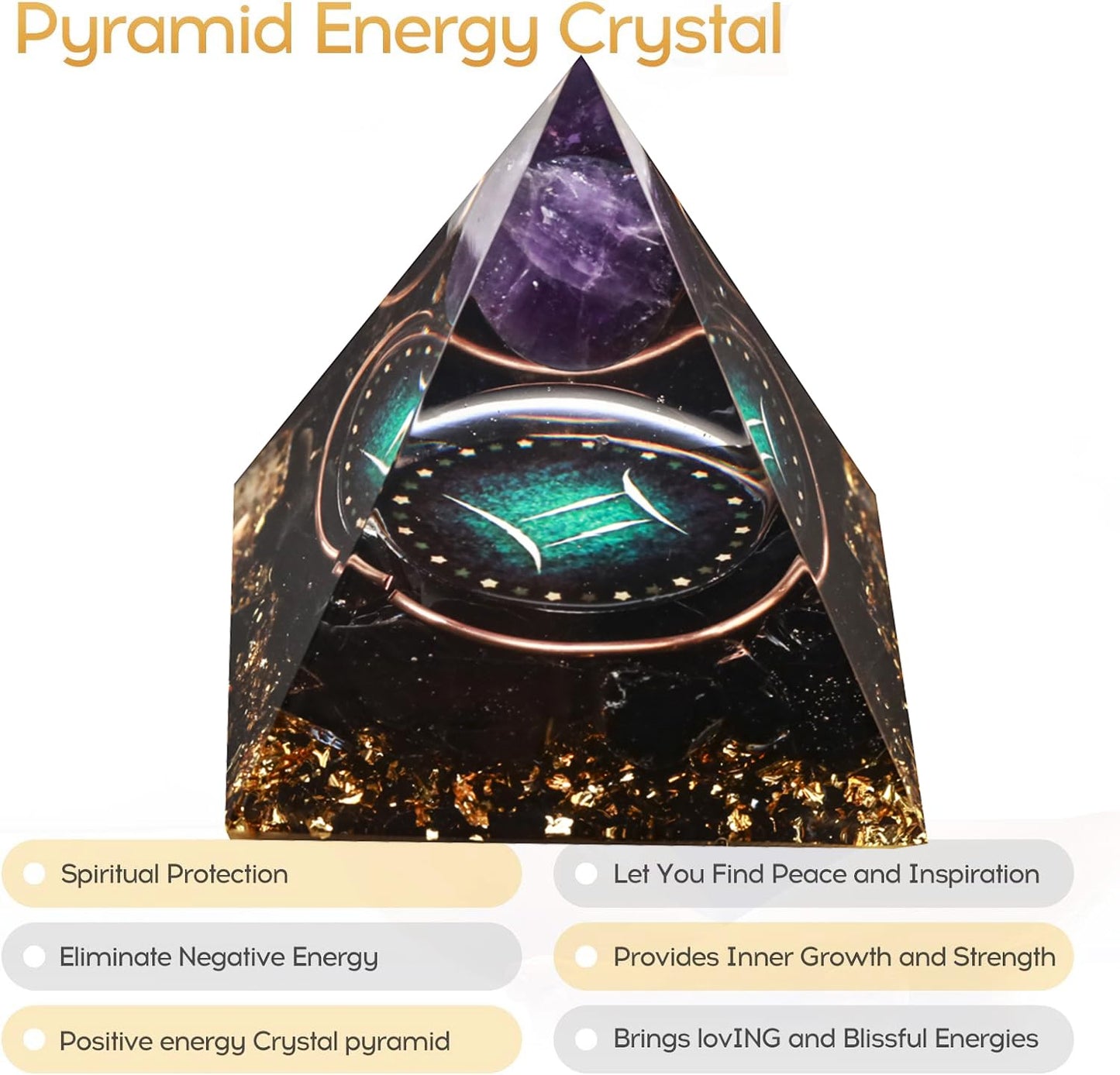 12 Zodiac Orgone Crystal Pyramid, Natural Amethyst with Obsidian,Healing Crystals Pyramid for Protection Chakra, Unique Constellation Pyramid for Positive Energy, Healing Money Health(Gemini)