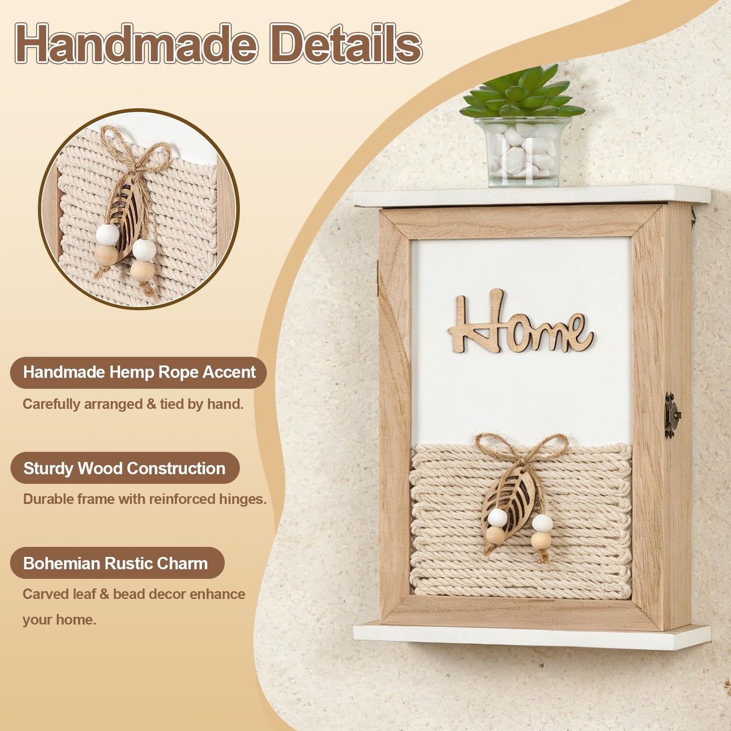 GMPAJHL Key Holder for Wall, Rustic Wooden Wall Mount Key Box with 6 Hooks, Farmhouse Key Storage Organizer Key Rack for Entryway Hallway Office, Boho Home Decor