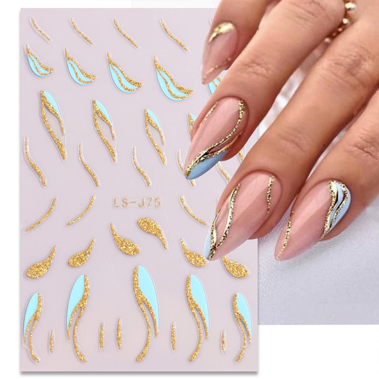 French Shining Line Nail Art Stickers - Gold Metal Curve Wavy Stripe Decals, 3D Glitter Lines, DIY Nail Manicure Decoration for Women