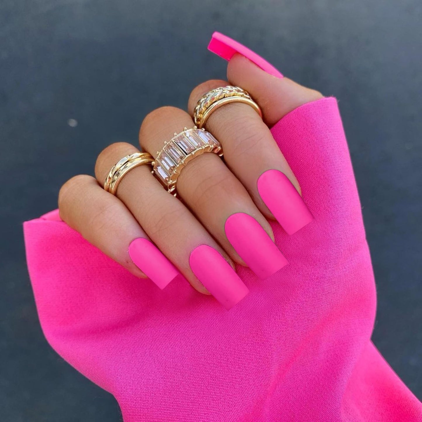 KQueenest Matte Hot Pink Press on Nails Long Medium Square, Neon Pink Fake Nails Medium Coffin, Sheer Color Acrylic Nails Press ons, Reusable Soft Gel Glue on Nails for Women Fall Winter