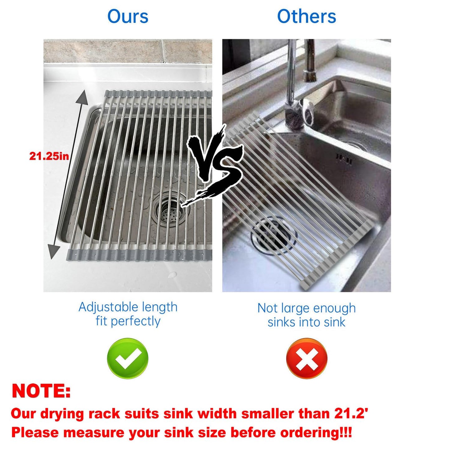 CHIRISEN Expandable Large Roll Up Dish Drying Rack, Foldable Over The Sink Dish Drying Rack, Rolling Dish Drainer Stainless Steel Roll Rack for Kitchen Sink Counter (Black, 21.25x12.79)
