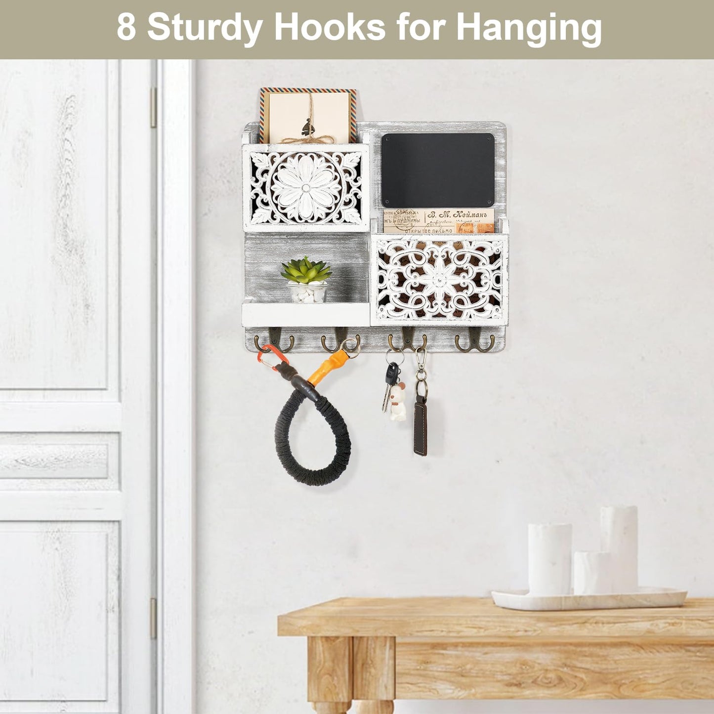 Dhmkfly Mail Organizer Wall Mounted, 2 Slots Key Holder for Wall with 8 Hooks, Rustic Wood Key Rack with Shelf for Entryway Hallwall Farmhouse