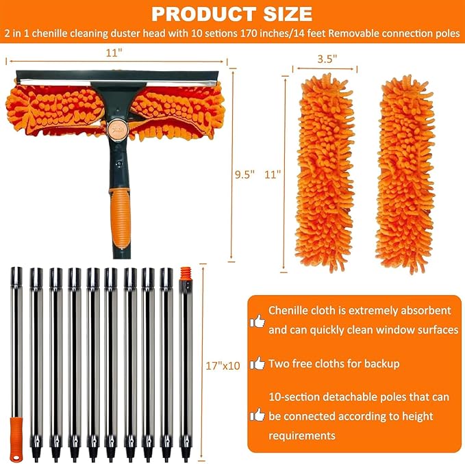 20+ Ft Reach 2 in 1 Window Washing Squeegee with 3-14 ft Spliceable Extension Pole // Window Cleaning Tool & Window Washer Squeegee for Home Indoor Outdoor Window Washing