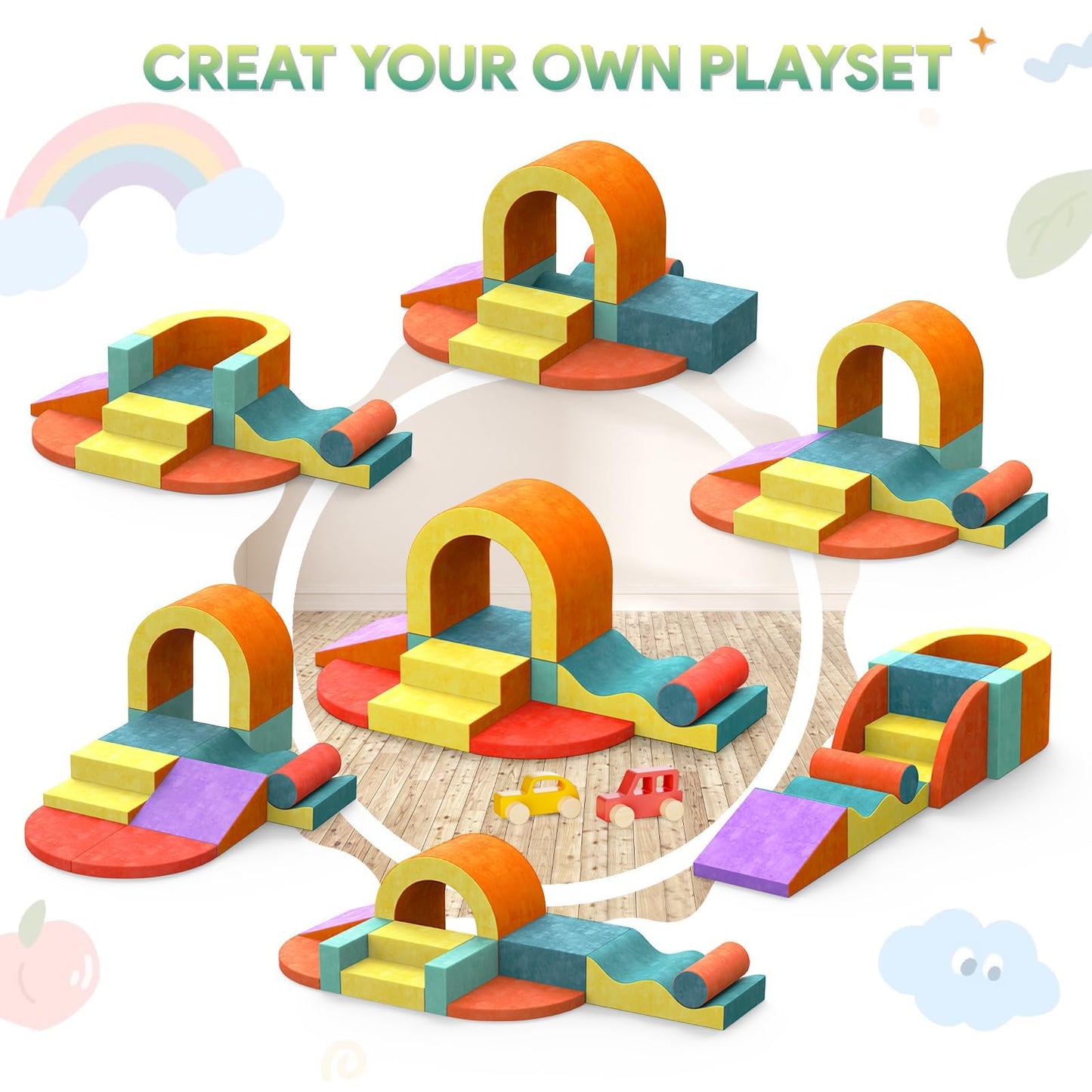 Yaofala 10 PCS Color Foam Climbing Blocks for Toddlers, Soft Play Set with Toy Car, Climbing Blocks for Toddlers 1-3, Indoor Climb and Crawl Soft Play Set