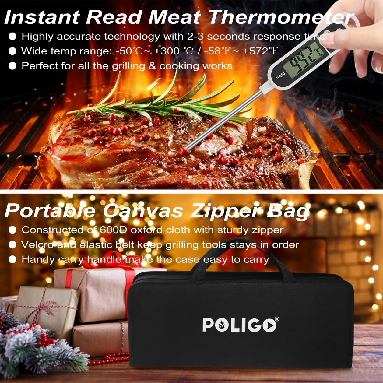 POLIGO 26 PCS BBQ Grill Accessories Stainless Steel BBQ Tools Grilling Tools Set with Storage Bag for Fathers Day Dads Birthday Presents - Camping Grill Utensils Set Ideal Grilling Gifts for Men Black