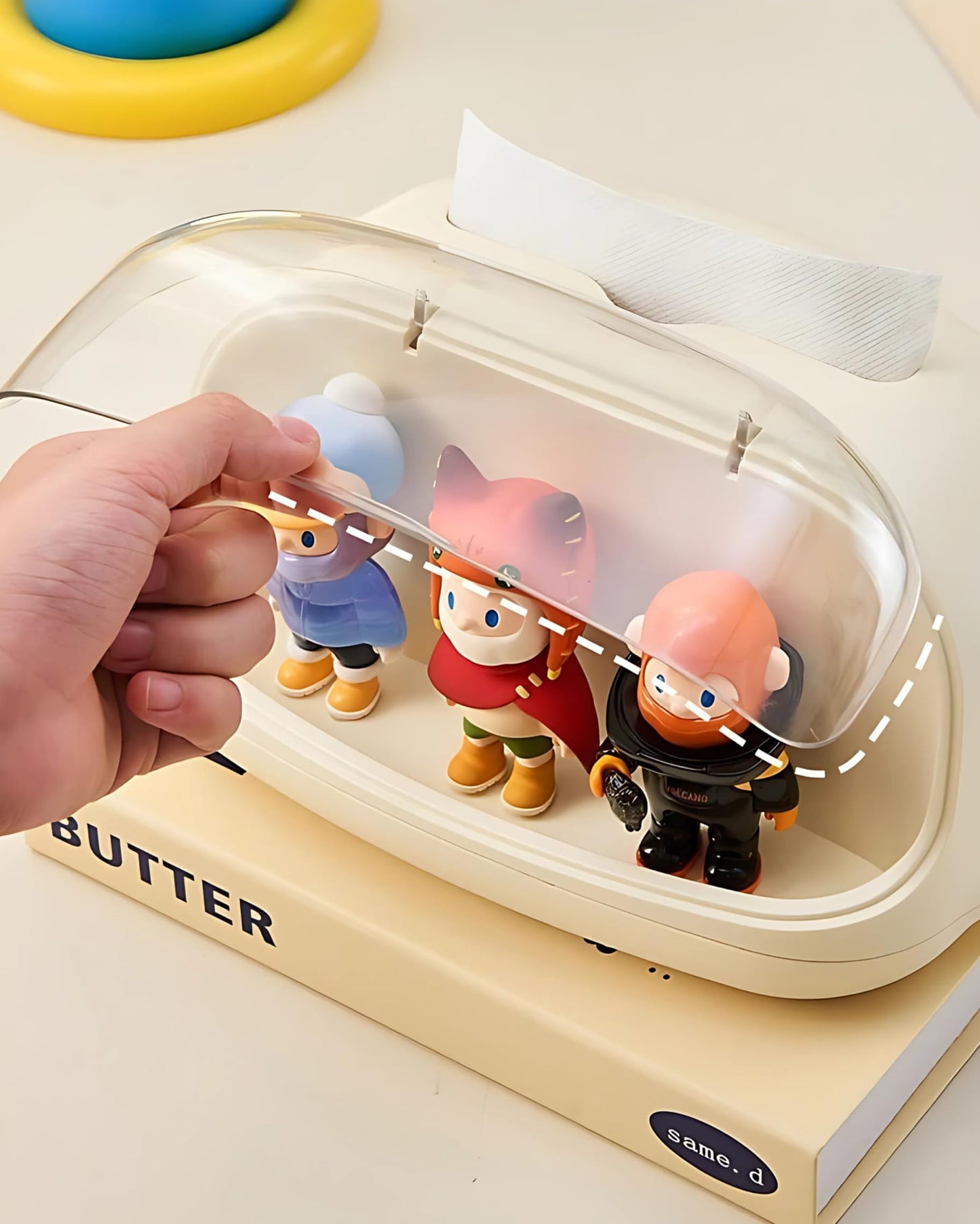 Acrylic Tissue Box with Display Case for Figurines, Dustproof Clear Tissue Holder and Storage Organizer, Compatible with POPMART Collectibles, Desk and Bedroom Decor