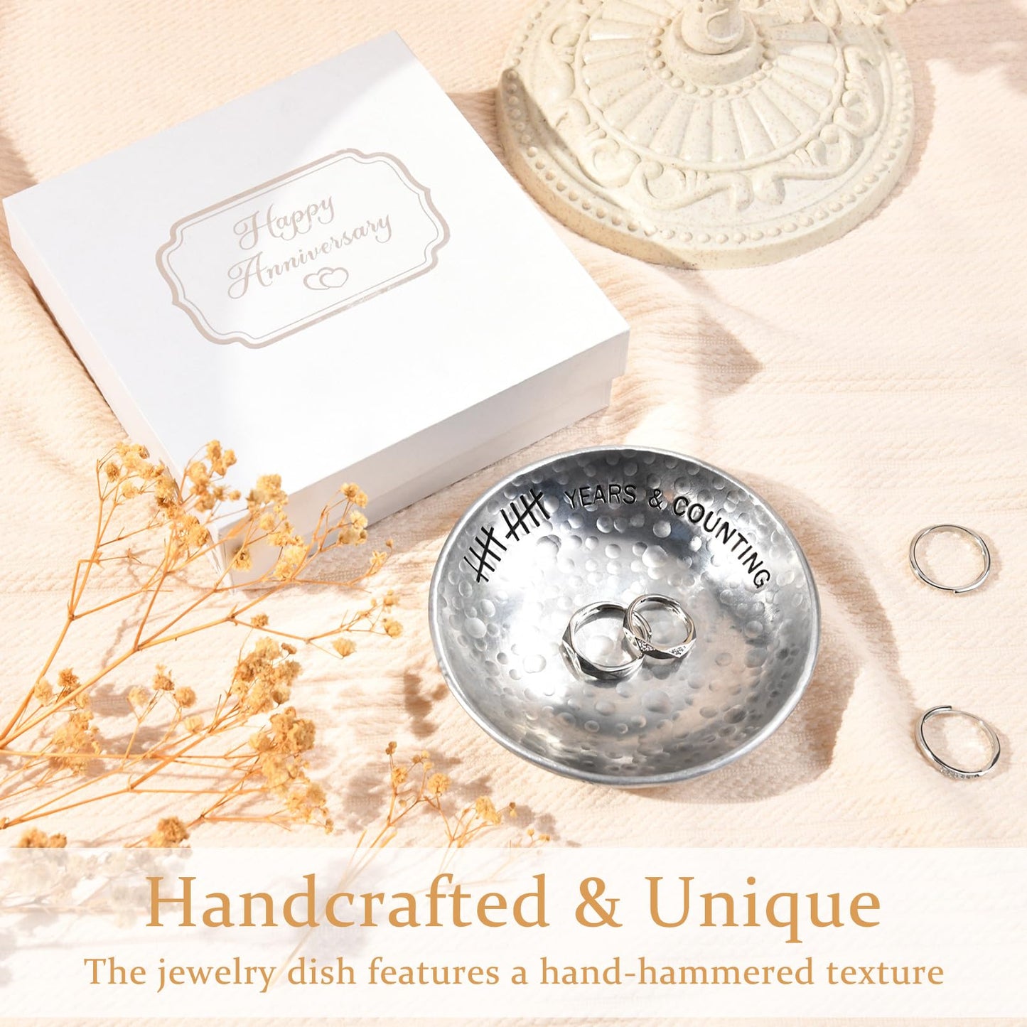 CEELGON 10 Year Wedding Anniversary Tin Gifts - 4" Tin Jewelry Tray Engraved Aluminum Decorative Dish for Couple