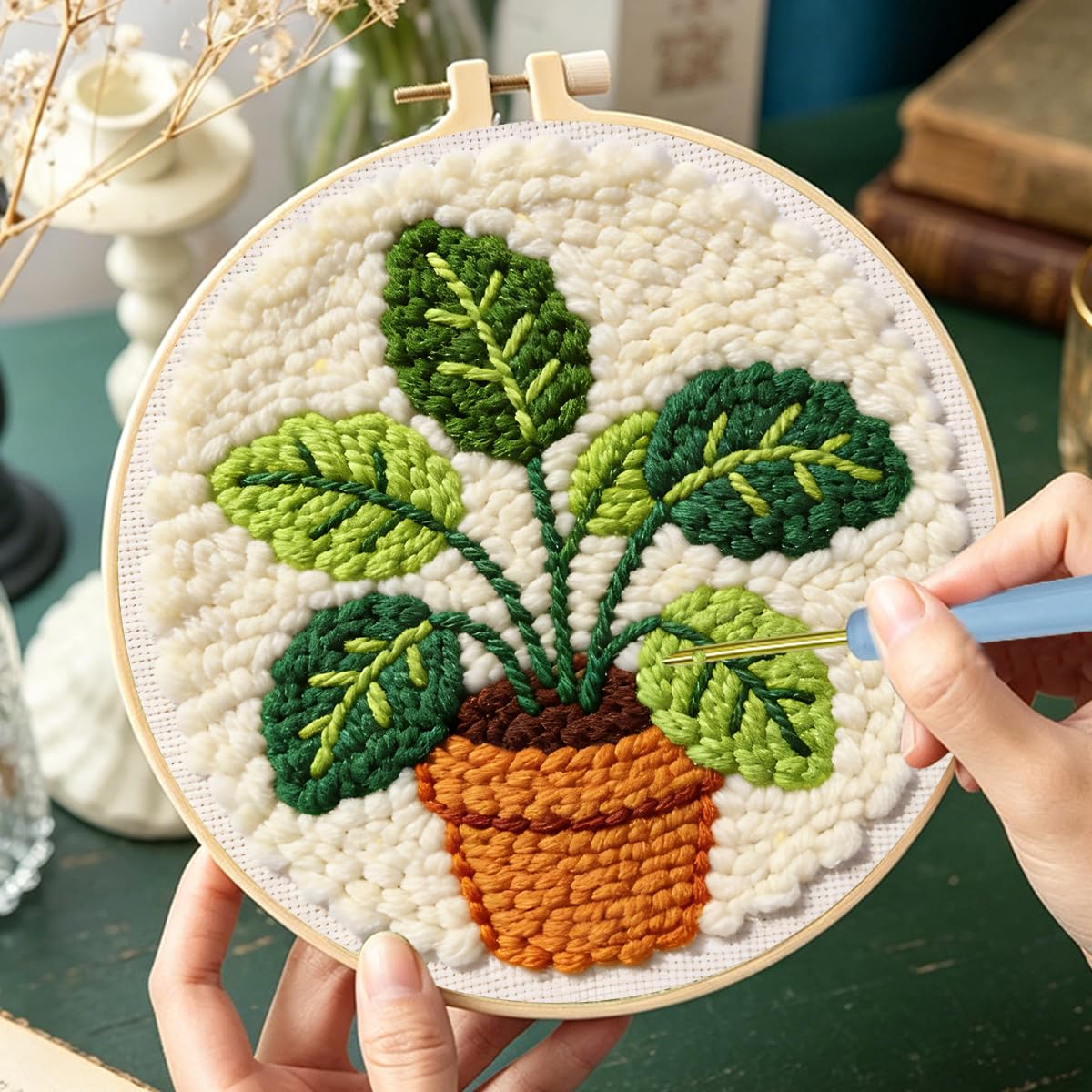 JOZYSH Green Plants of Various Shapes Punch Needle Kits for Beginner, DIY Punch Needle Kit Adults Beginner Include 3 Pre-Printed Fabrics, Embroidery Hoop, Threads, Craft Gifts and Decorations