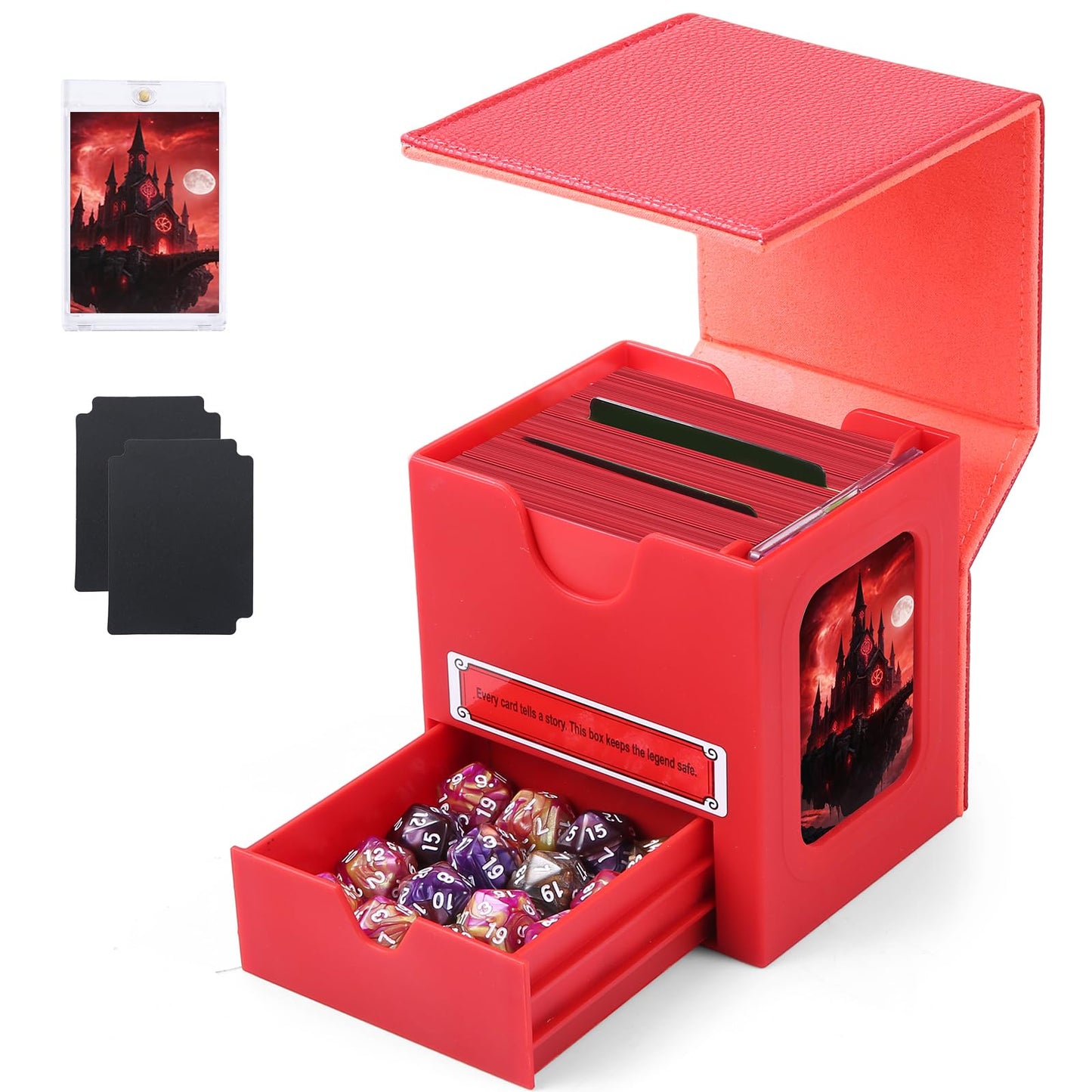 MAKHISTORY Patented MTG Commander DekBox, 100+ Double Sleeved Card Storage Box with Dice Tray, 35pt Card Holder & 2 Dividers - Magnetic Deck Case for TCG/CCG/Magic/Sports Cards, Red