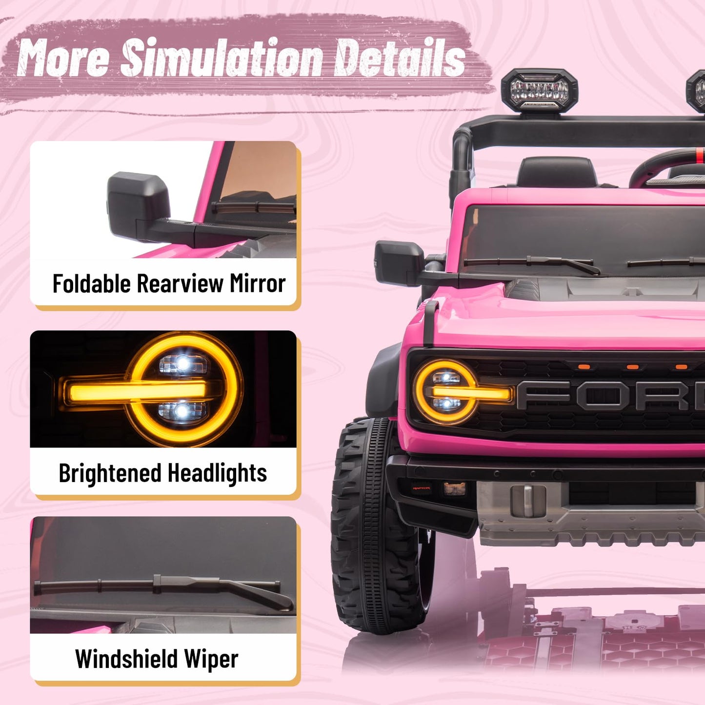 24V Ride on Toy for Big Kids,Ford Bronco Raptor 2 Seater Elecrtic Car for Kids with Remote,Battery Powered Car 4 Wheels with Spring Suspension,LED Light,Bluetooth,3 Speeds(24V, Pink)