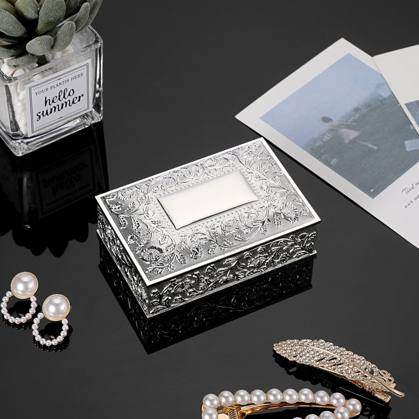 Hipiwe Rectangular Silver Jewelry Box Small Trinket Storage Box Deluxe Treasure Chest Case Earring Ring Necklace Organizer Decorative Keepsake Box Christmas Gift for Women