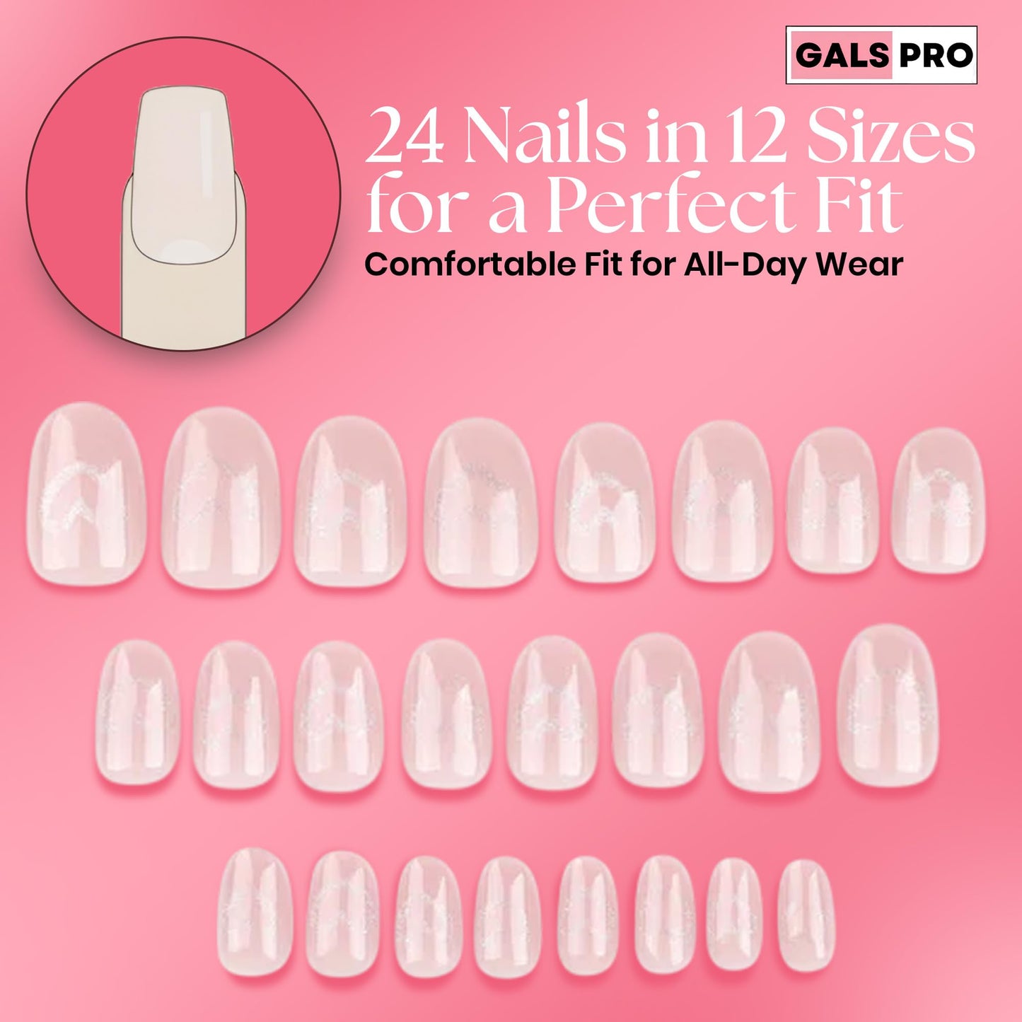 GALSPRO Short Press on Nails - Set of 24 Fake Nails with Designs in 12 Different Sizes for Perfect Fit, Cute False Nails Kit for Women with 0.07oz Nail Glue (LOVE IN BLOOM OVAL SHAPE, Short)