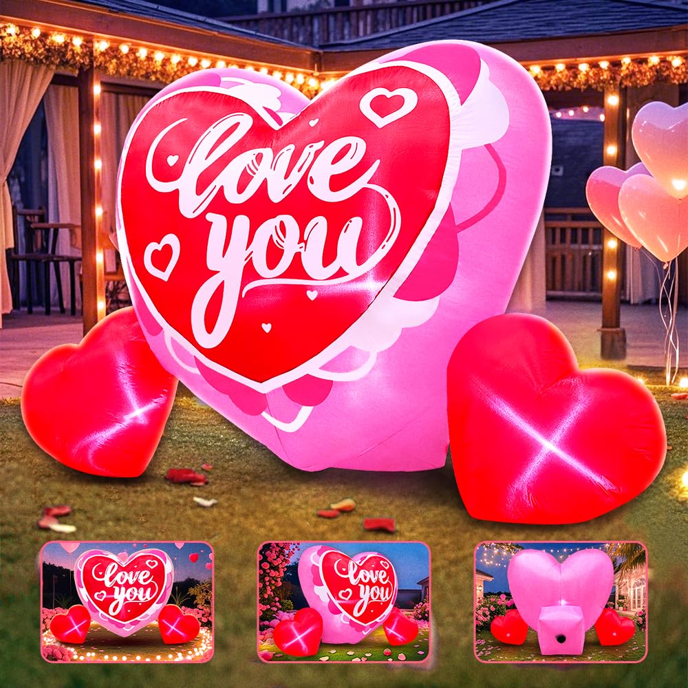 KOOY 6FT Long Mothers Day Inflatables Outdoor Decorations Heart Inflatable with Light for Valentine's Day Gift Engagement Wedding Anniversary Romantic Party Yard Décor