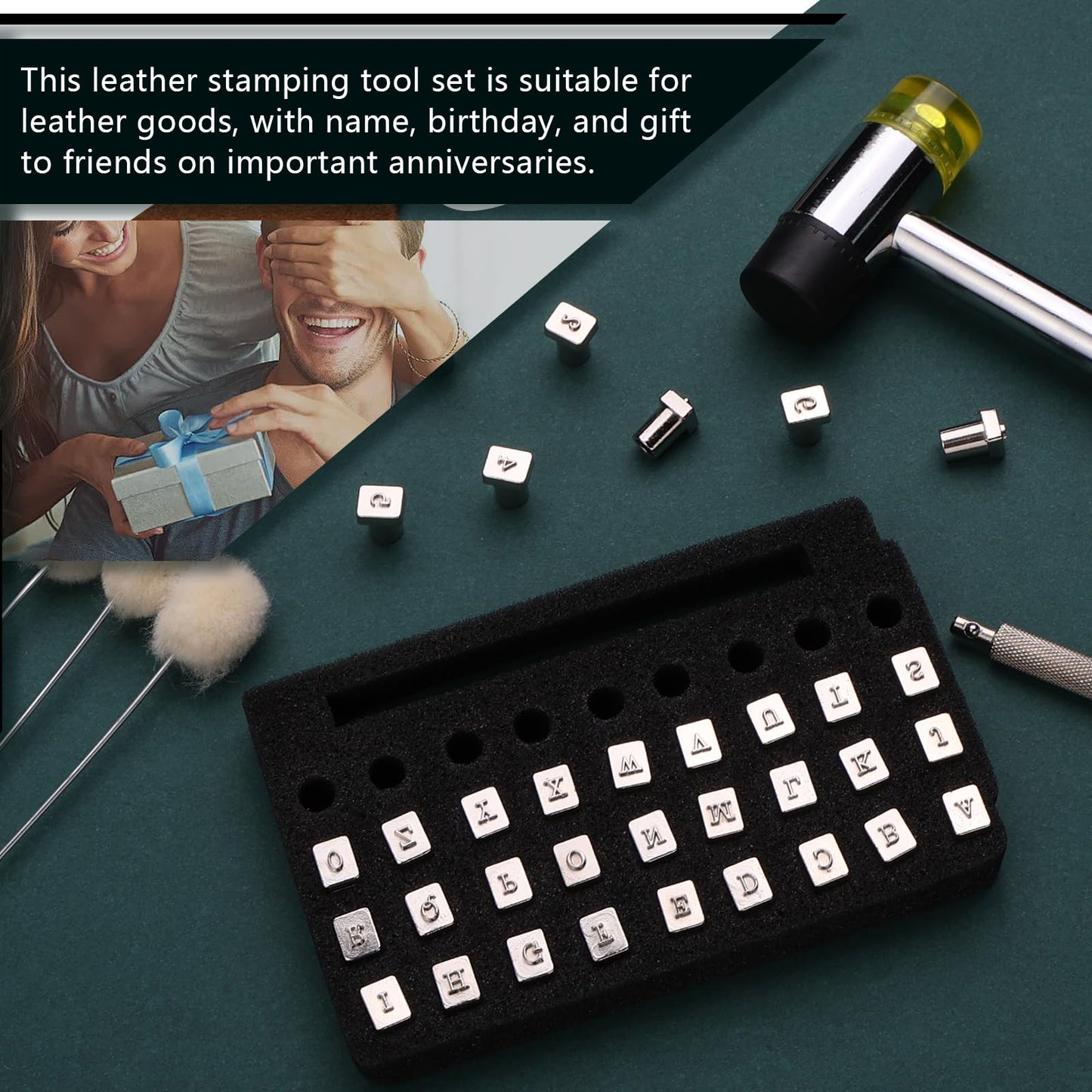 Wonvoc 44 Pcs Leather Stamping Tools, 36 Pcs Leather Letter Stamps, Leather Stamping Kit, with Wool Dauber Stamping Tools, Leather Hammer, for DIY Leathercrafts