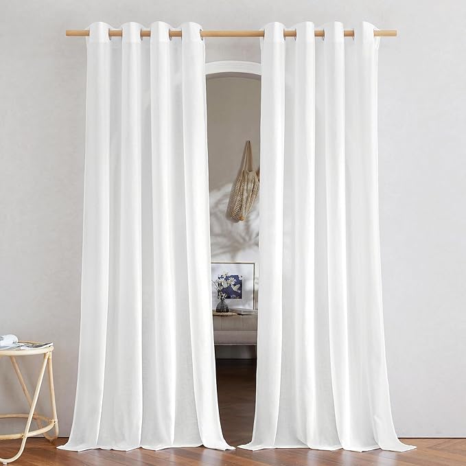 NICETOWN Thick Linen White Curtains 90 inch Length, Grommet Flax Linen Blend Window Treatments Privacy with Light Filtering Drapes for Bedroom/Living Room, W55 x L90, 2 Panels