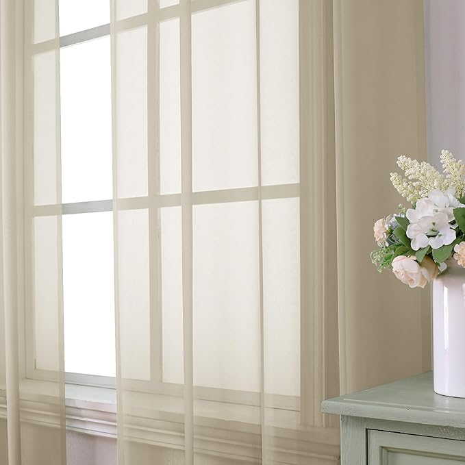 Aiyufeng Taupe Sheer Curtains 90 Inches Long 2 Panels Set, Semi Transparent Voile Rod Pocket Sheer Window Drapes for Bedroom Bed Canopy Living Room Dining Wedding Party Backdrop, 42W x 90L inch