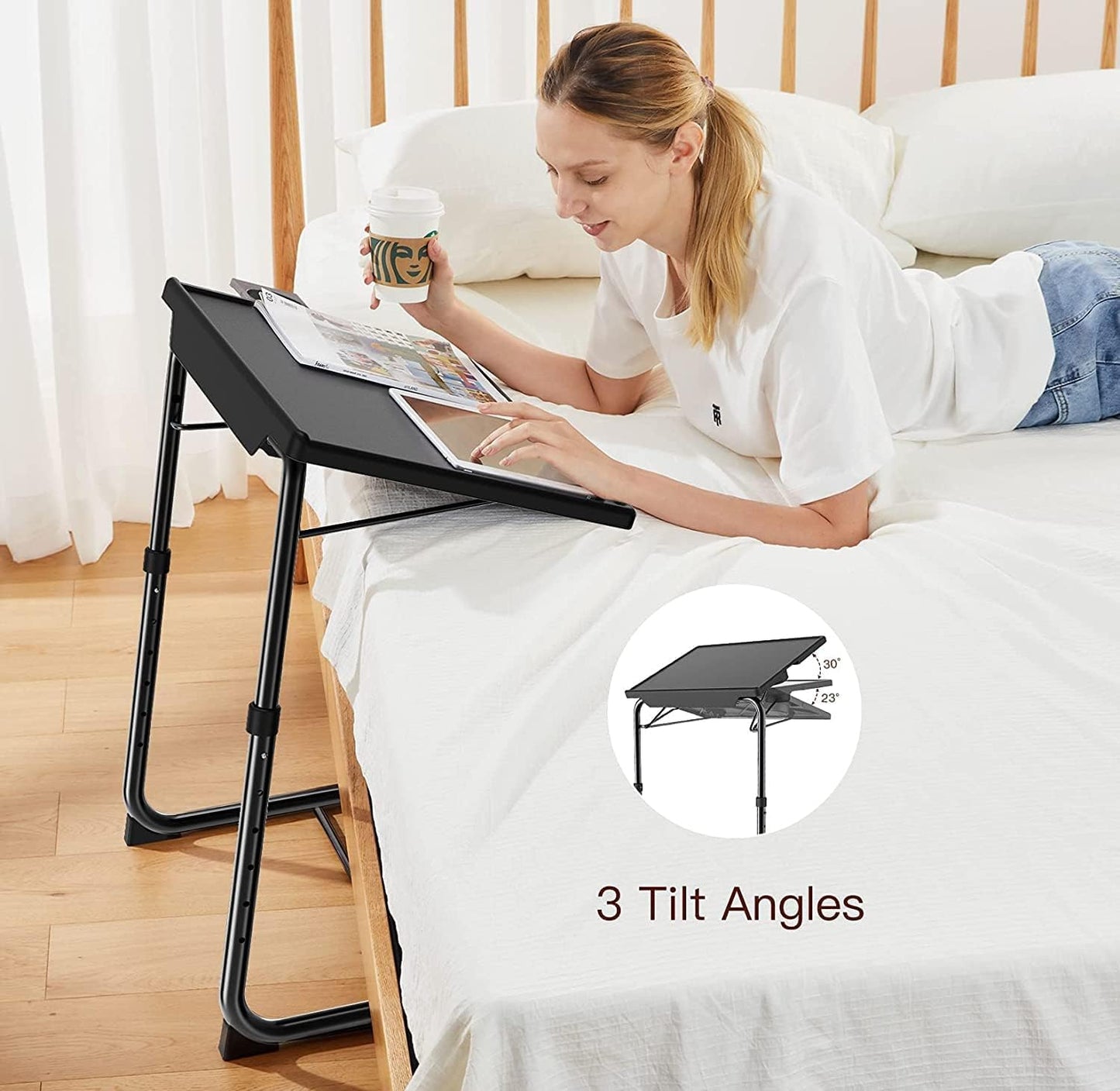 HUANUO TV Tray, Adjustable TV Tray Table - TV Dinner Tray on Bed & Sofa, Comfortable Folding TV Tray with 6 Height & 3 Tilt Angle Adjustments (Black)