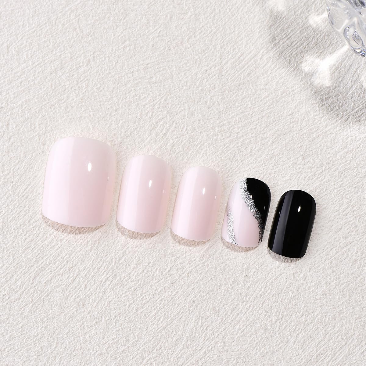Short Square Press On Nails, Soft Gel Reusable Fake Nails, Pink and Black Glossy Nails with Silver Accent, DIY Salon Manicure, Natural Short Stick On Nails for Women & Girls, 24PCS Set