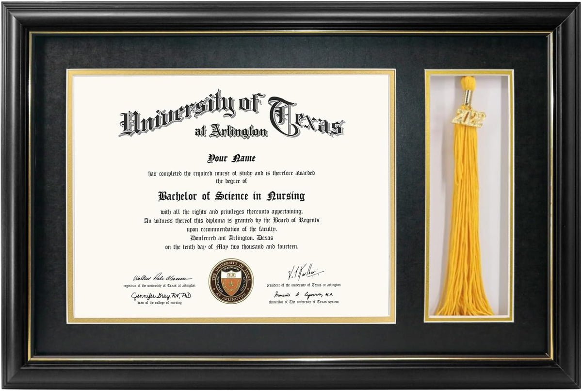 GraduationMall 11x17 Black Wood Diploma Frame with Tassel Holder for 8.5x11 Certificate Document,Real Glass,Black over Gold Mat
