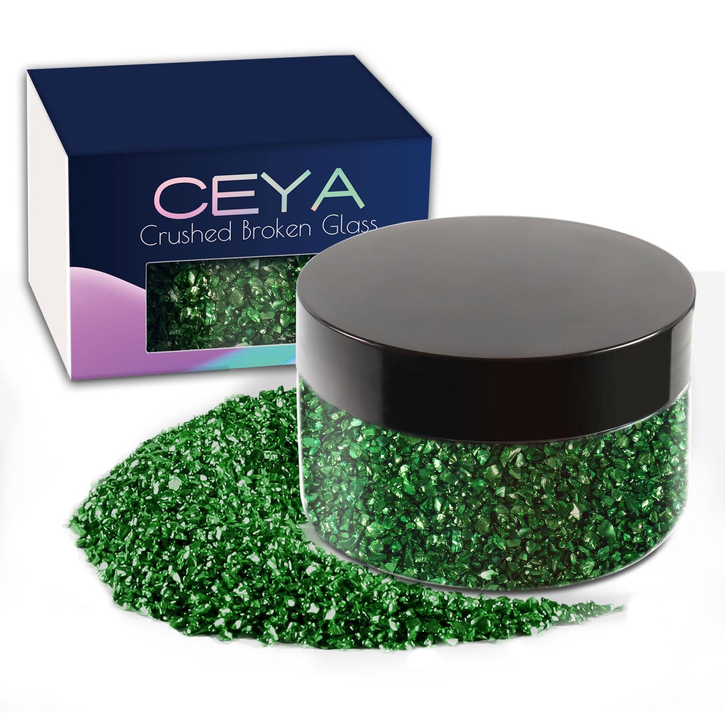 Ceya 5.3oz/ 150g Crushed Irregular Glass Grass Green Metallic Crystal Chips Broken Glass Glitter 2-4mm Craft Chunky Glitter for Nails Art Epoxy Resin Mold Coasters Ornament Painting Geode Phone Case