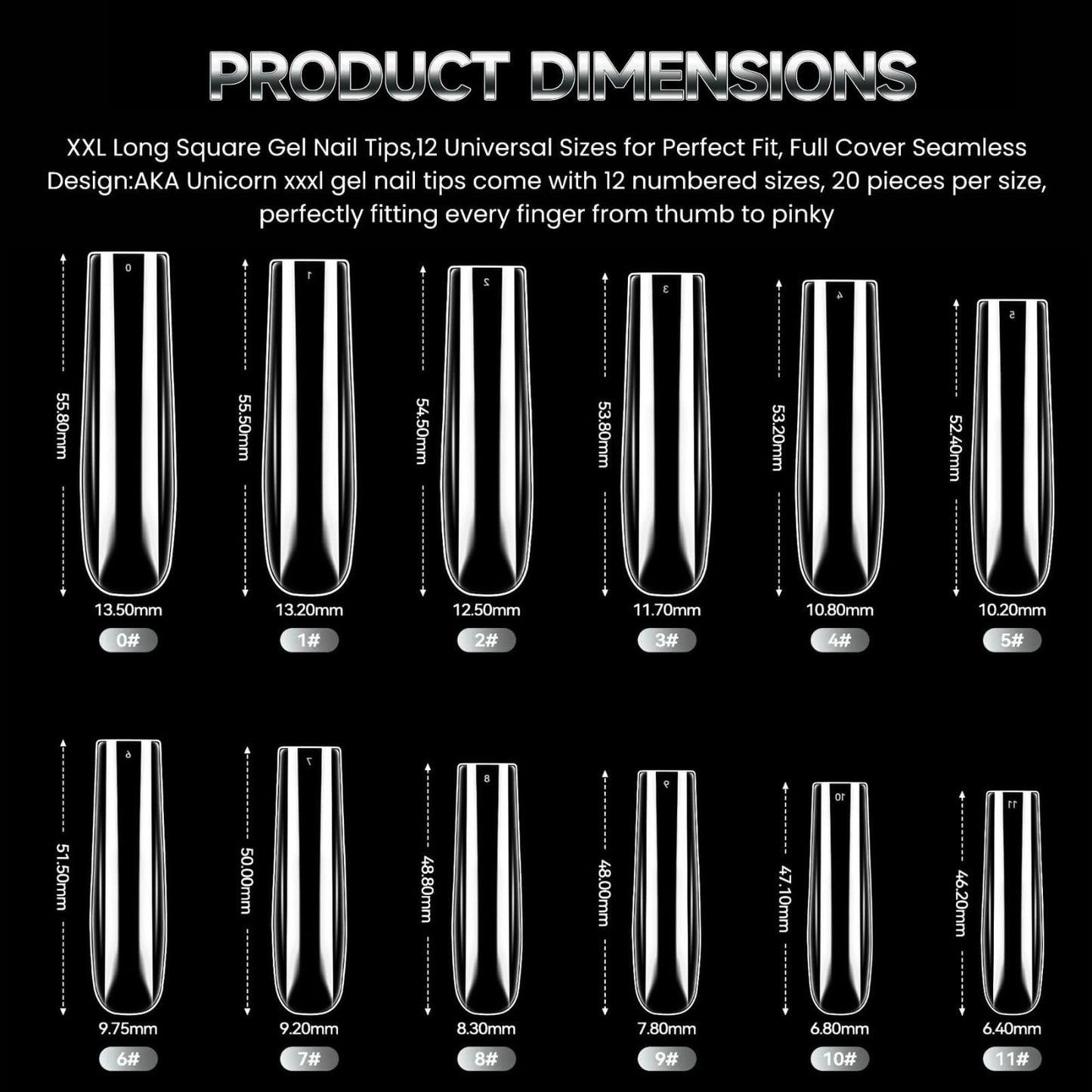 AKA Unicorn Long Square Nail Tips,240Pcs Clear Full Cover Soft Gel Nail Tips,12 Sizes Pre-Shaped Straight Square Nails,3XL Clear Press On Nail Extensions for Beginners & Professionals Salon Home DIY