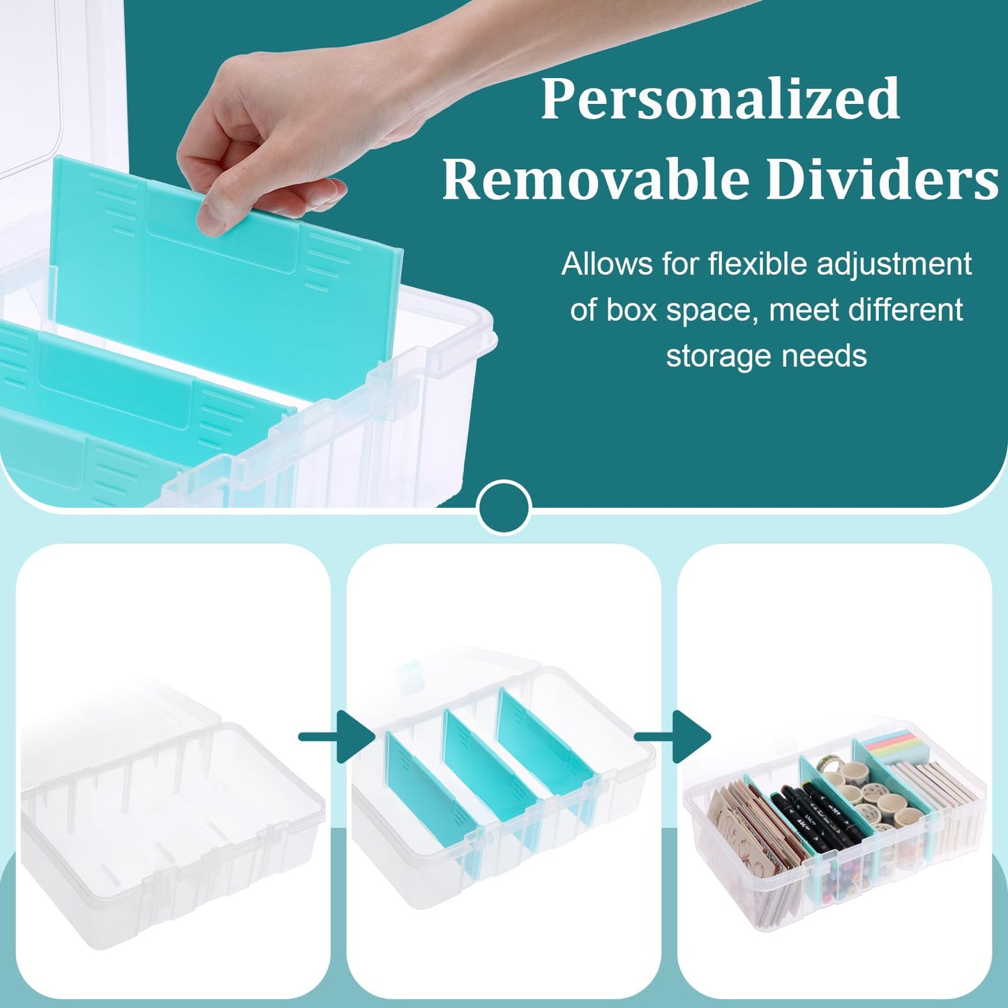 BTSKY Clear Plastic Dividing Storage Box with 4 Compartments Adjustable Storage Bin with Lid Plastic Craft Storage Container Multipurpose Sewing Box Art Supply Organizer, 13.3x8.1x3.4 Inches