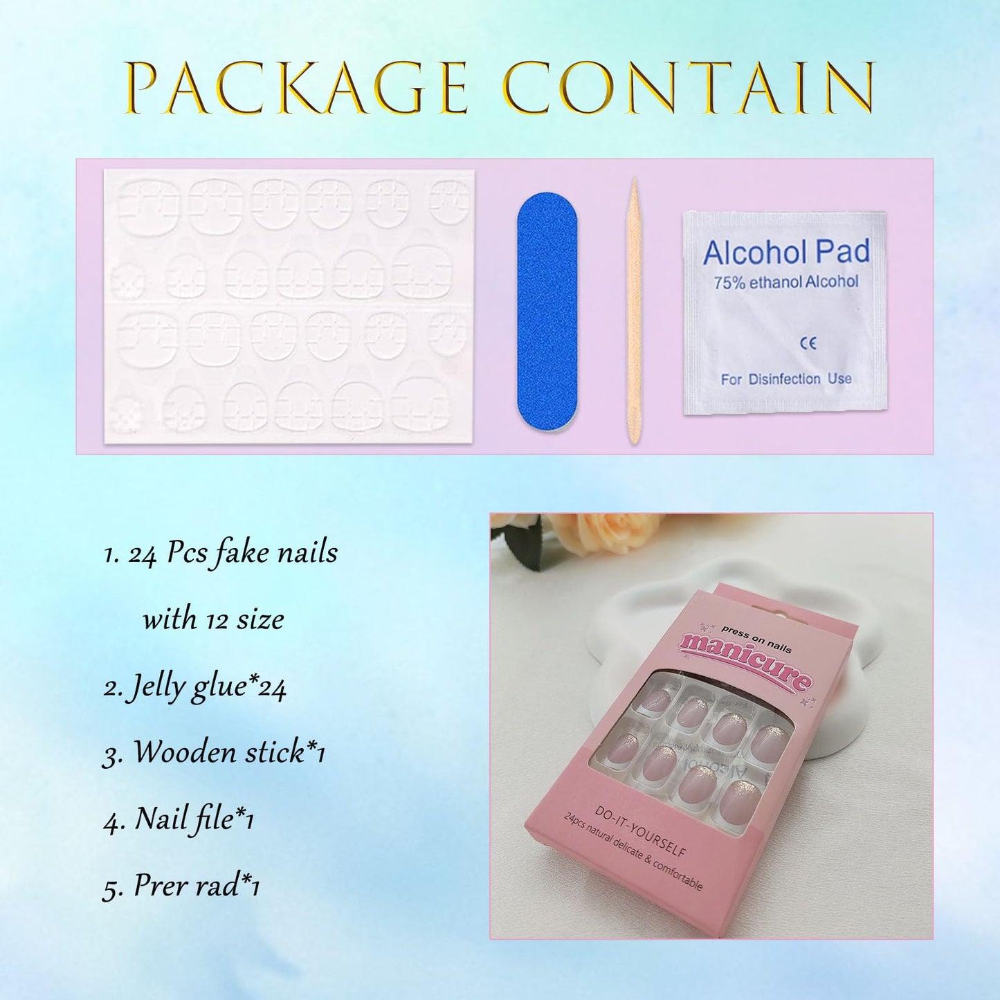 Press on Nails Short Square Fake Nails Press ons White French Tip Simple Style Acrylic Nails Full Cover Reusable Glossy Glitter False Nails Artificial Stick Glue on Nails for Women 24 Pcs