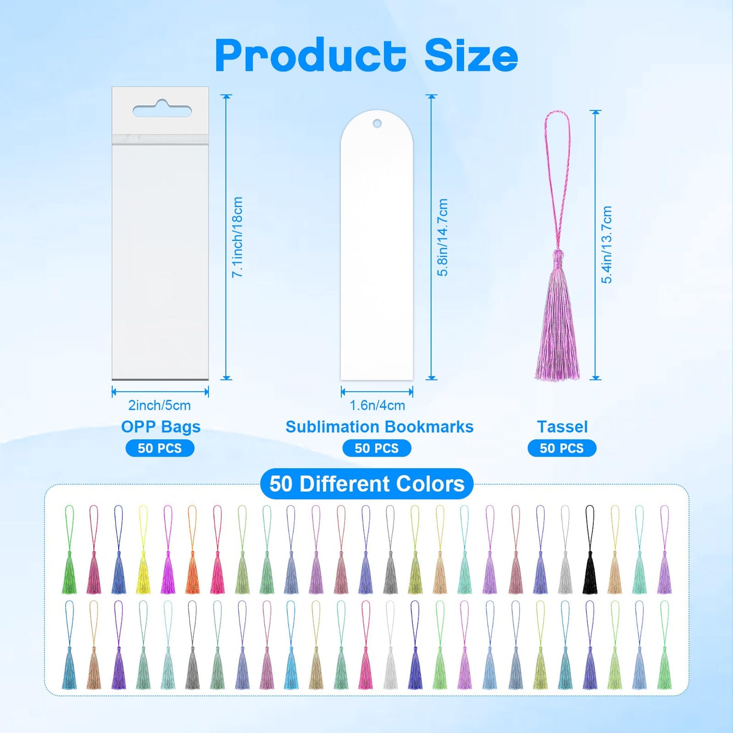 Sublimation Double Sided Bookmark Blanks - 50Pcs Metal Kit + 50 Colors Tassels, DIY Bookmarks for Book Lovers, Crafts, Reading Gifts