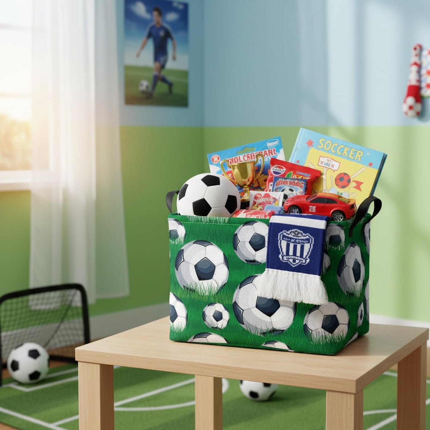 HEFEICZ Kid Rectangular Soccer Basket Baby Toy Storage Bin Organizer Home Room Decor (Green Grass Soccer)