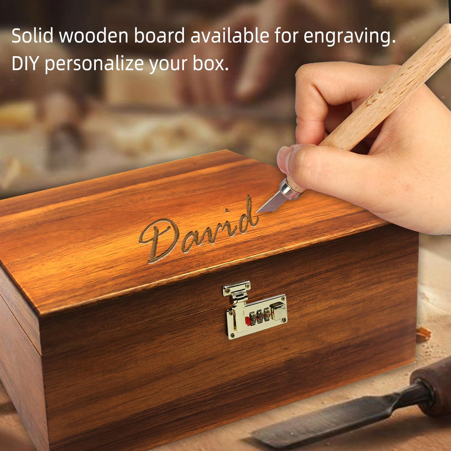 MFLUEEWR Large Wooden Box with Hinged Lid with Combination Lock,Wood Storage Box Decorative Lockable Chest for Keepsakes, Valuables, Accessories, Treasured Items(Code No Grid)