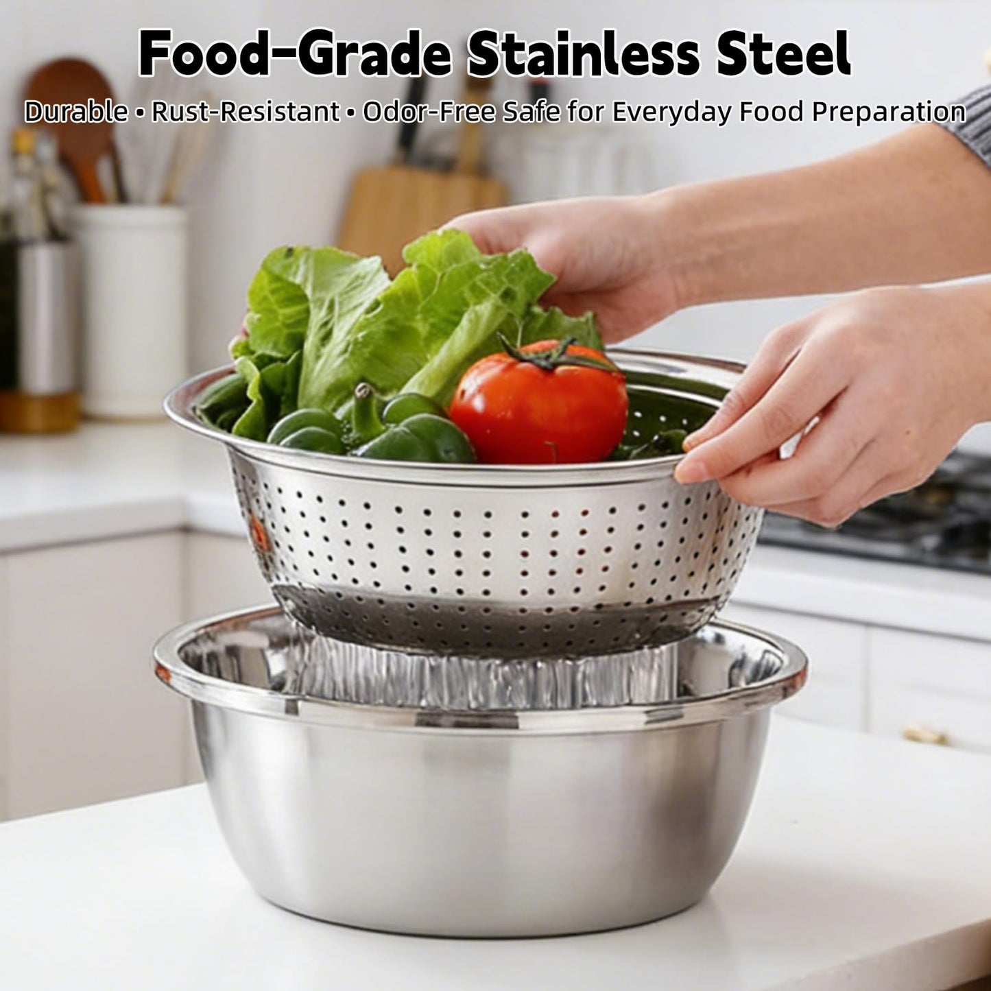 Germany Multifunctional Stainless Steel Basin - 2026 New 3-in-1 Grater Strainer and Drain Basket Set with Vegetable Slicer, 10.24 Inch for Kitchen Rinsing Draining Mixing
