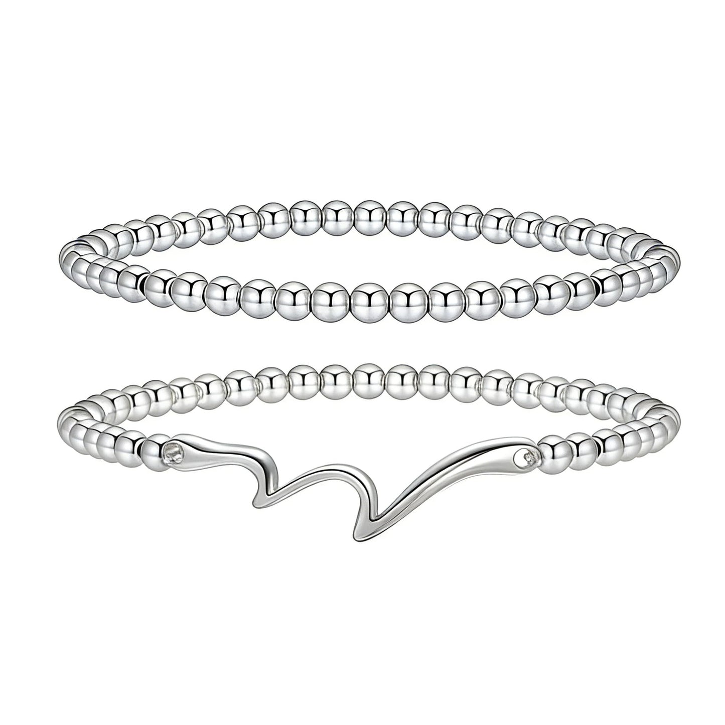 Jsuospmy Silver Beaded Bracelets for Women 14K Silver Wave Bracelet Handmade Stackable Bracelets for Women Trendy Non Tarnish Bracelet Jewelry Gift for Womens 2Pcs (10.Wave+Beaded (Silver))