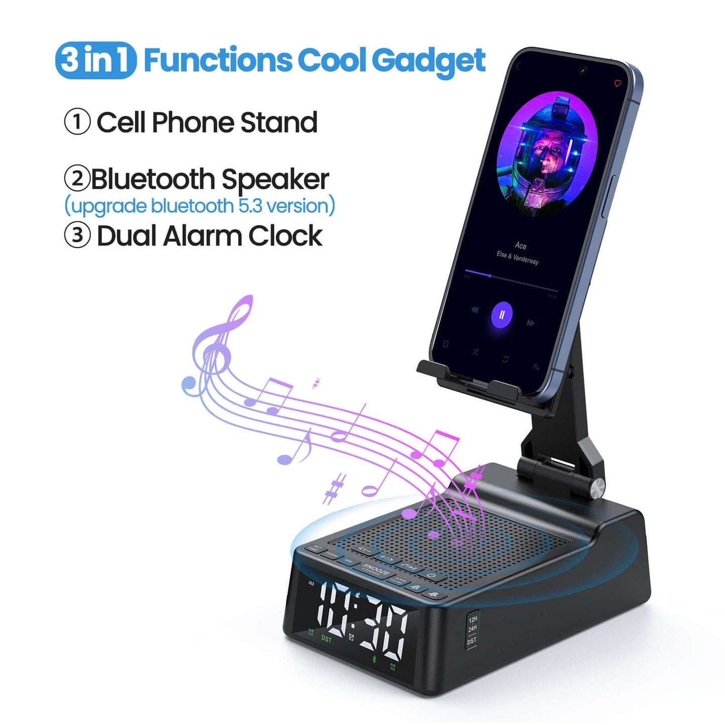 Birthday Gift for Women Men Dad Mom, Cell Phone Stand with Wireless Bluetooth Speaker and Alarm Clock, Adjustable Cellphone Holder for Office Home, HD Stereo Subwoofer Sound Fit for All Phones Tablets