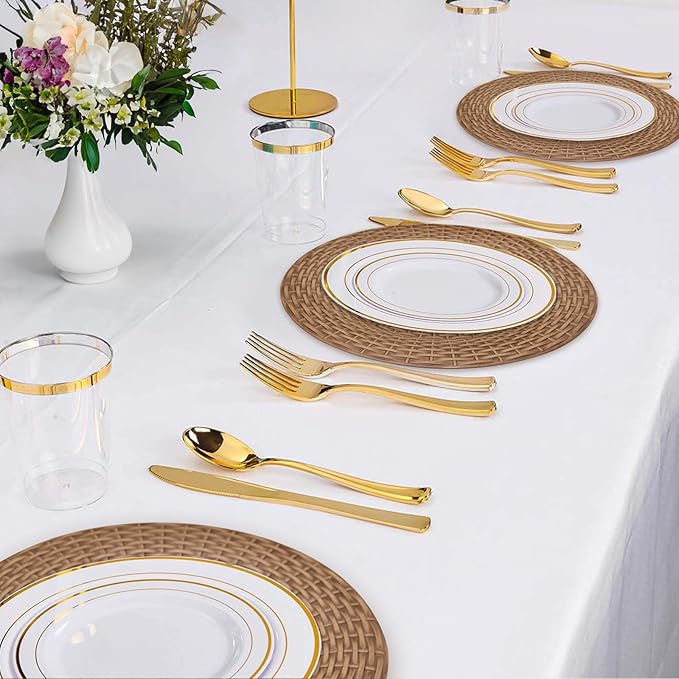 MAONAME Faux Rattan Charger Plates Set of 6, Table Chargers for Dinner Plates, 13" Round Brown Plate Chargers, Plastic Charger for Table Setting, Wedding Decor