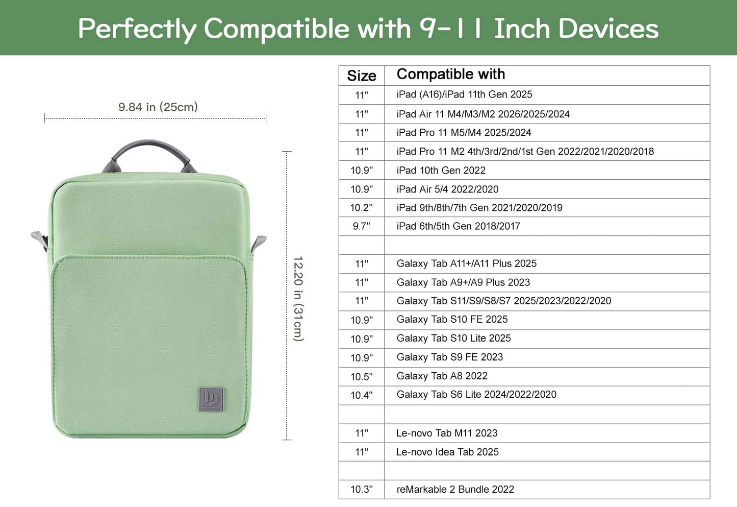 Dadanism 9-11 Inch Tablet Sleeve Bag Carrying Case with Shoulder Strap for iPad (A16) 11", iPad 10th Gen 10.9", iPad Air M4/Pro M5 11", iPad 9/8/7th 10.2", Galaxy Tab A11+ Plus 11", Dark Green