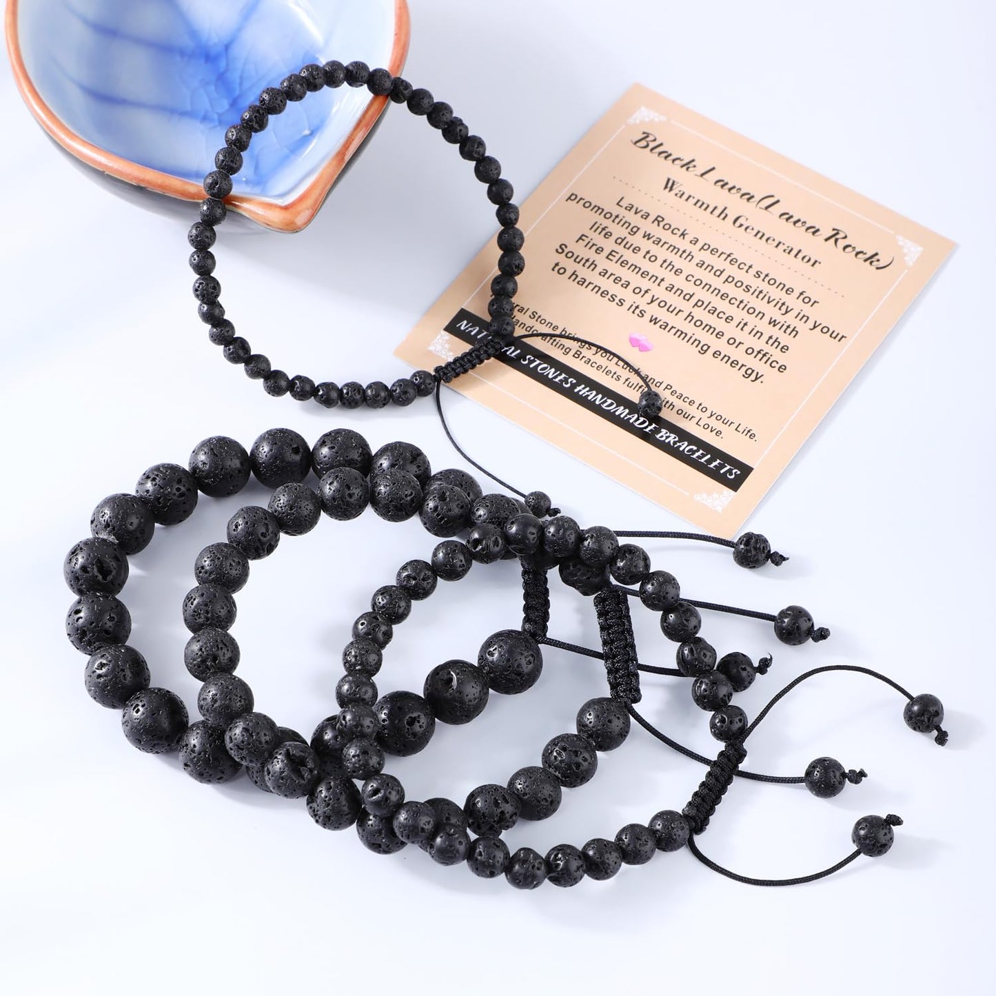 AD Beads 4mm Black Lava - Warmth Generator - Handmade Natural Stone Crystal Bracelet with Adjustable Macrame String - Yoga Healing Power Energy Gifts for Men and Women