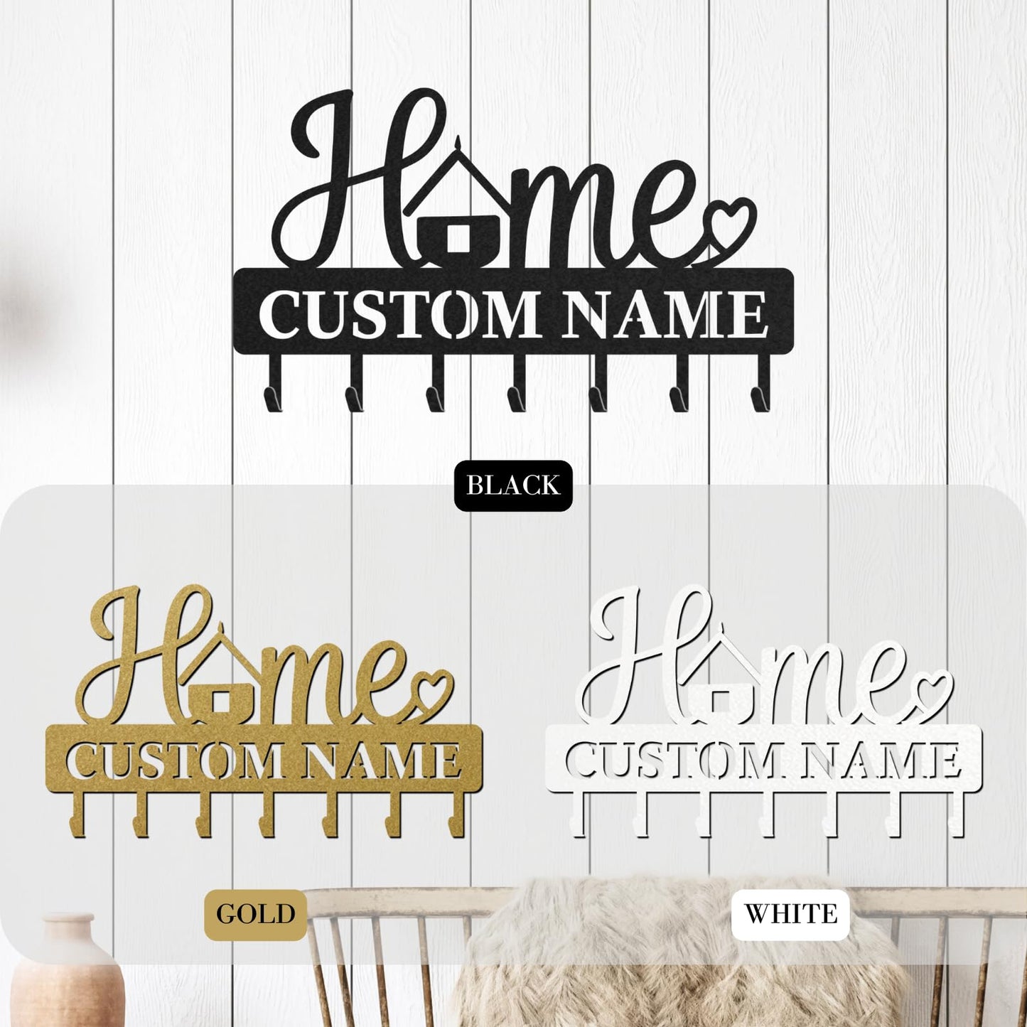 LOWACOS Personalized Key Holder Rack, Custom Home Script Key Rack & Jacket Hanger, Wall-Mount Entryway Organizer with Metal Hooks, Modern Home Décor, Great Gift for Family, Friends or New Homeowners