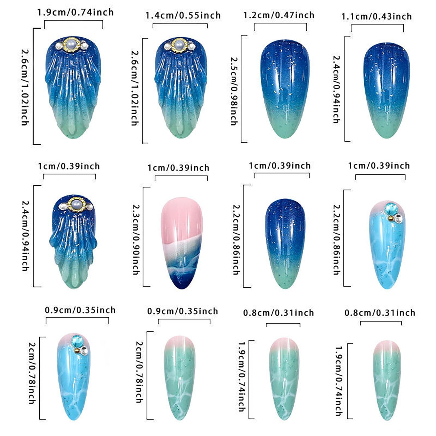 RUOKEXIN Almond Press on Nails Medium Fake Nails Beach False Nails with 3D Shell Designs Summer Blue Nail Press ons Sparkly Artificial Nails for Women 24Pcs